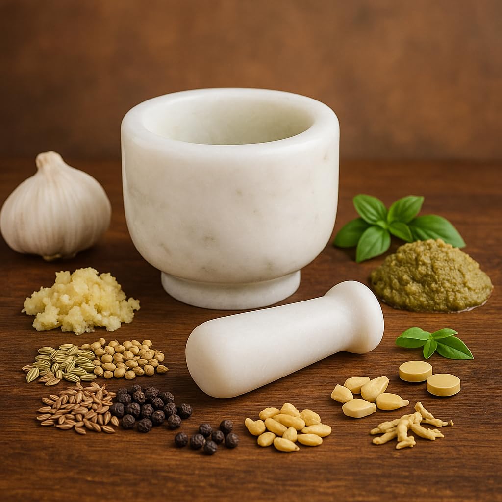 KunhaR Natural White Marble Mortar and Pestle Set, Imam Dasta, Ohkli Musal, Kharal - 3 x 2.5 Inches, White, (Half Polish)