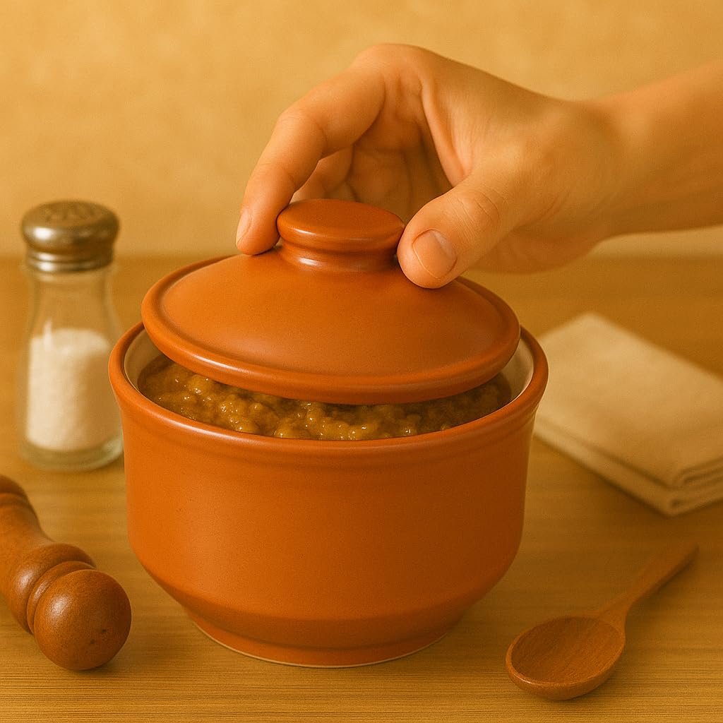 KunhaR Multipurpose Ceramic Donga – Terracotta Plain | 270 ML Lidded Serving Donga | Microwave & Dishwasher Safe | Ideal for Gravy, Dal, Curry & More
