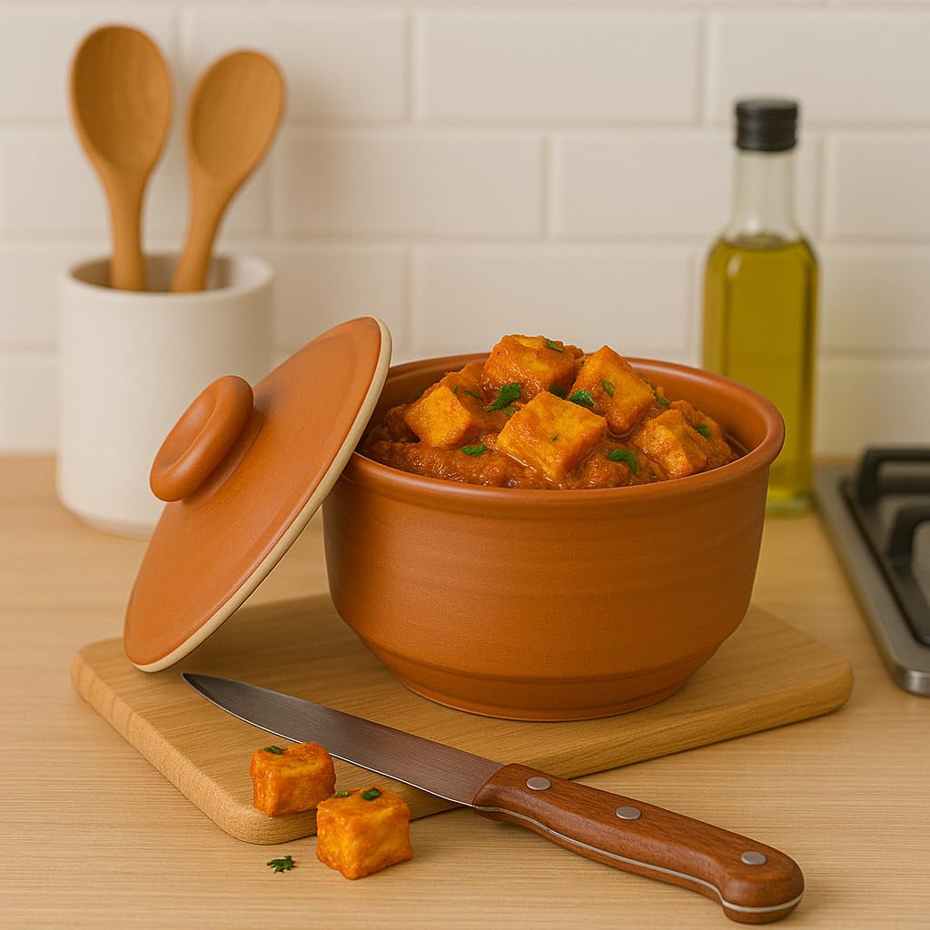 KunhaR Multipurpose Ceramic Donga – Terracotta Plain | 270 ML Lidded Serving Donga | Microwave & Dishwasher Safe | Ideal for Gravy, Dal, Curry & More