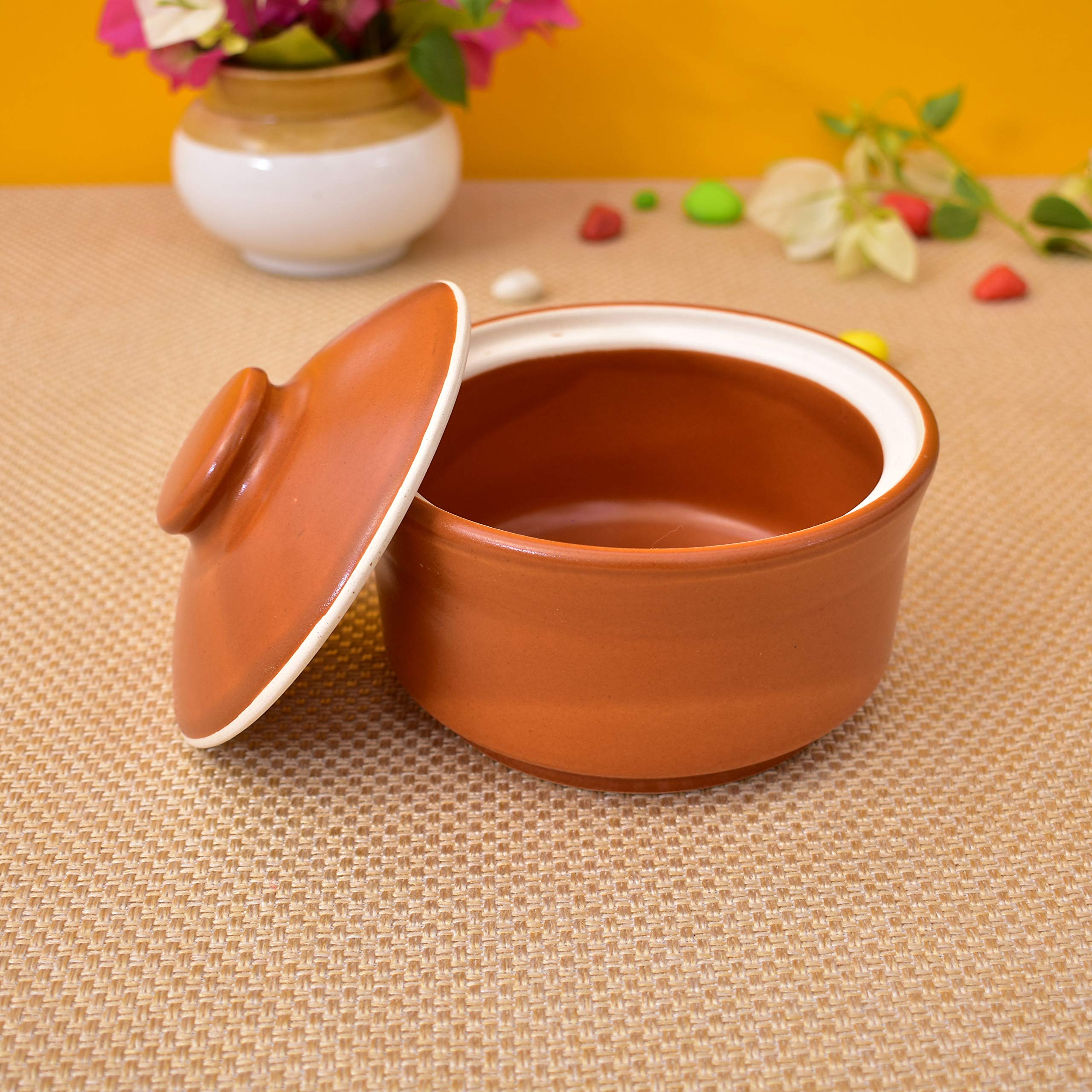 KunhaR Multipurpose Ceramic Donga – Terracotta Plain | 270 ML Lidded Serving Donga | Microwave & Dishwasher Safe | Ideal for Gravy, Dal, Curry & More
