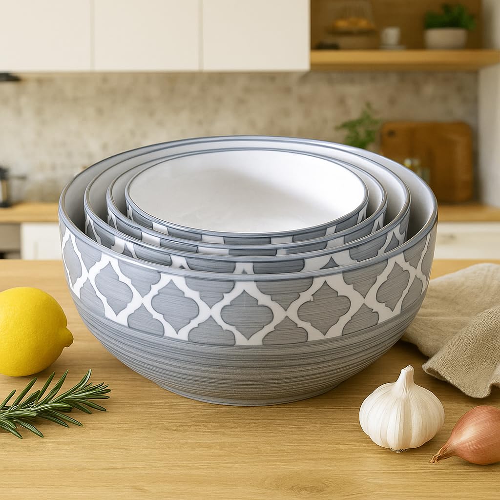 Kunhar Ceramic Mixing Bowl Set – 4 Pieces (1500ml, 800ml, 600ml, 400ml), Grey Umrao – Durable, Microwave &amp; Dishwasher Safe – Ideal for Mixing, Serving &amp; Storage