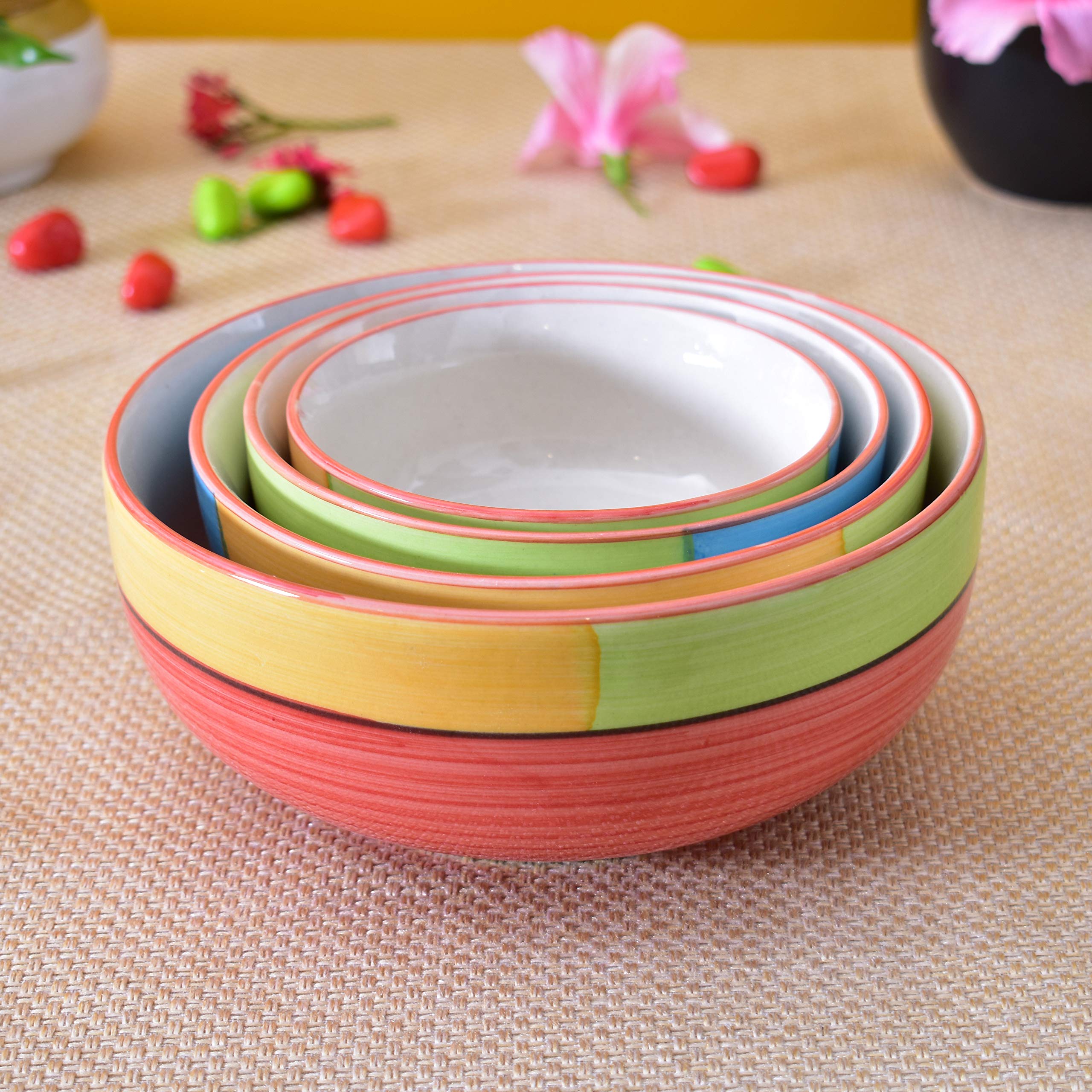 Kunhar Ceramic Mixing Bowl Set – 4 Pieces (1500ml, 800ml, 600ml, 400ml), Red Multi – Durable, Microwave & Dishwasher Safe – Ideal for Mixing, Serving & Storage