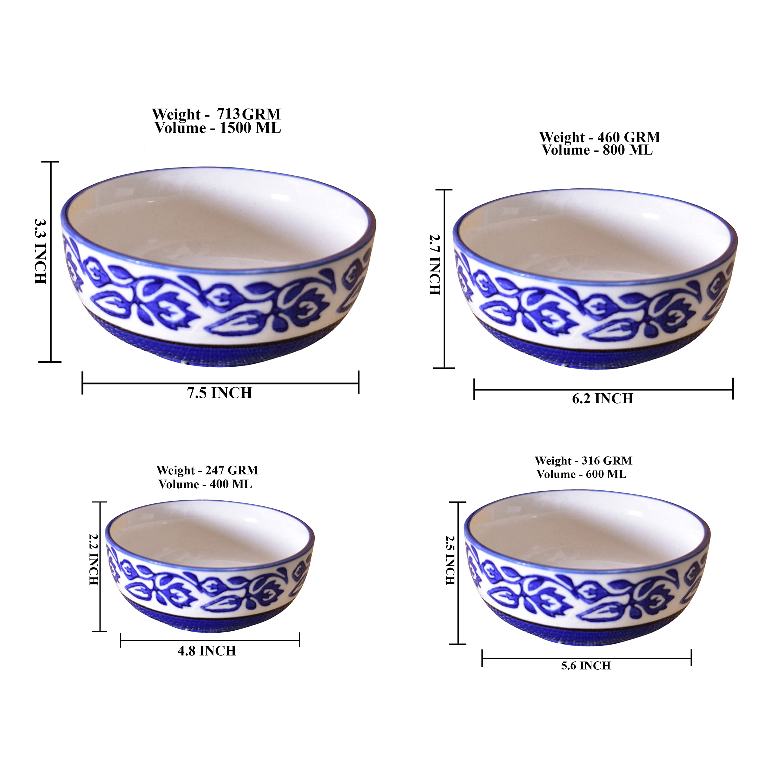Kunhar Ceramic Mixing Bowl Set – 4 Pieces (1500ml, 800ml, 600ml, 400ml), Blue Vine – Durable, Microwave & Dishwasher Safe – Ideal for Mixing, Serving & Storage