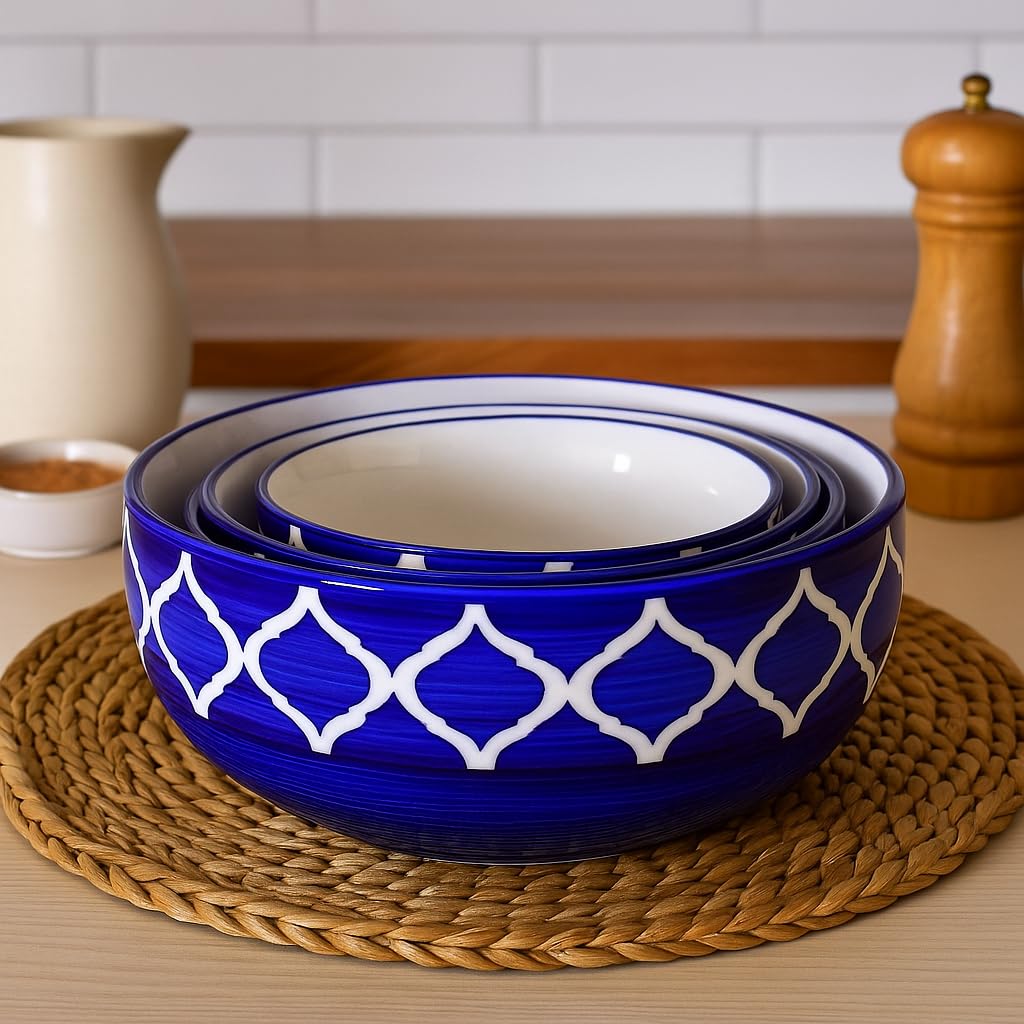 Kunhar Ceramic Mixing Bowl Set – 4 Pieces (1500ml, 800ml, 600ml, 400ml), Blue Umrao – Durable, Microwave &amp; Dishwasher Safe – Ideal for Mixing, Serving &amp; Storage