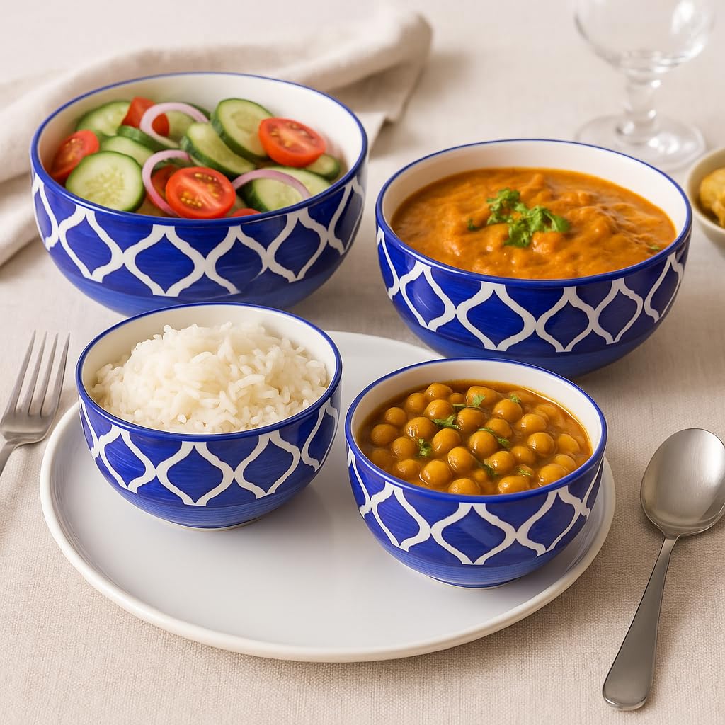 Kunhar Ceramic Mixing Bowl Set – 4 Pieces (1500ml, 800ml, 600ml, 400ml), Blue Umrao – Durable, Microwave &amp; Dishwasher Safe – Ideal for Mixing, Serving &amp; Storage