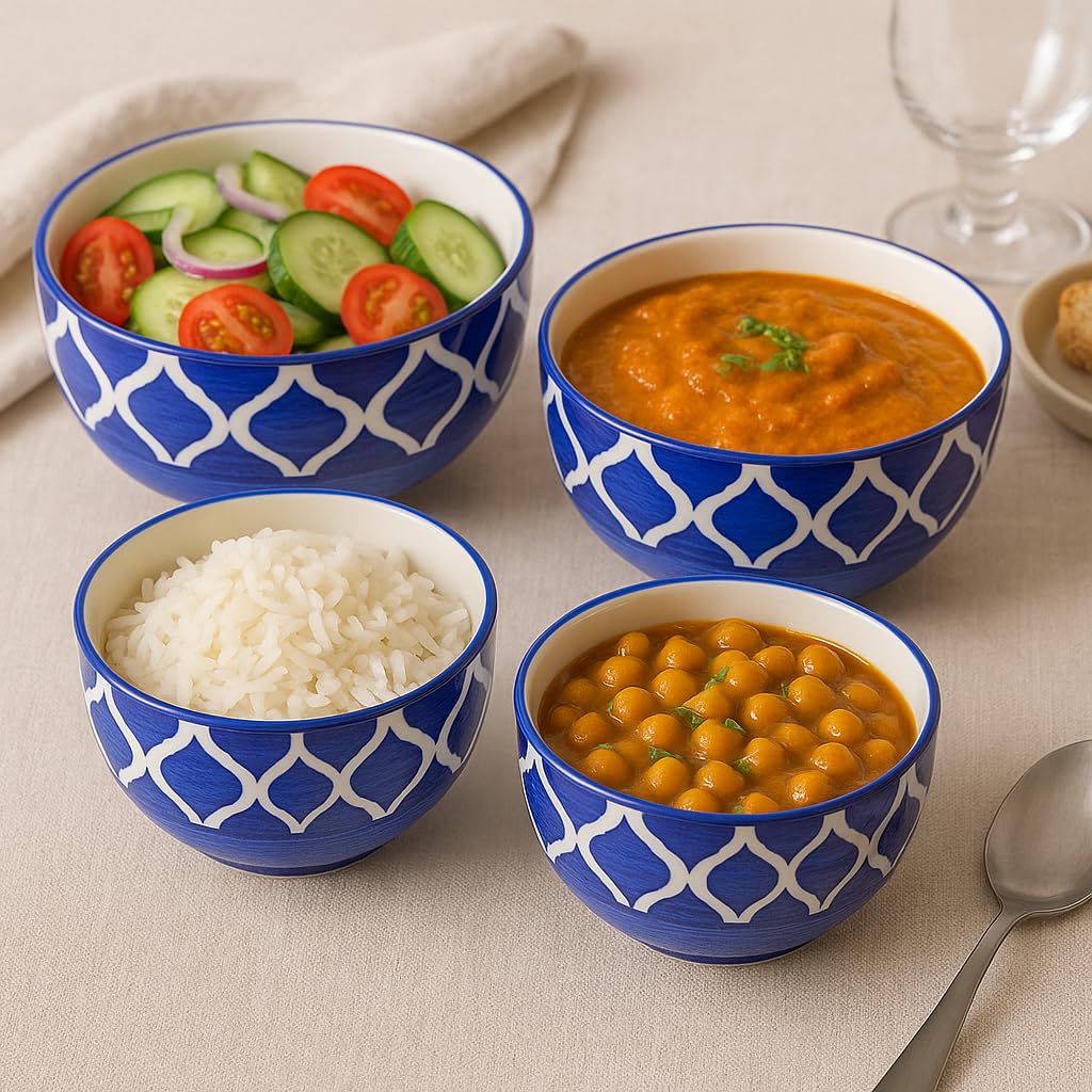 Kunhar Ceramic Mixing Bowl Set – 4 Pieces (1500ml, 800ml, 600ml, 400ml), Blue Umrao – Durable, Microwave &amp; Dishwasher Safe – Ideal for Mixing, Serving &amp; Storage