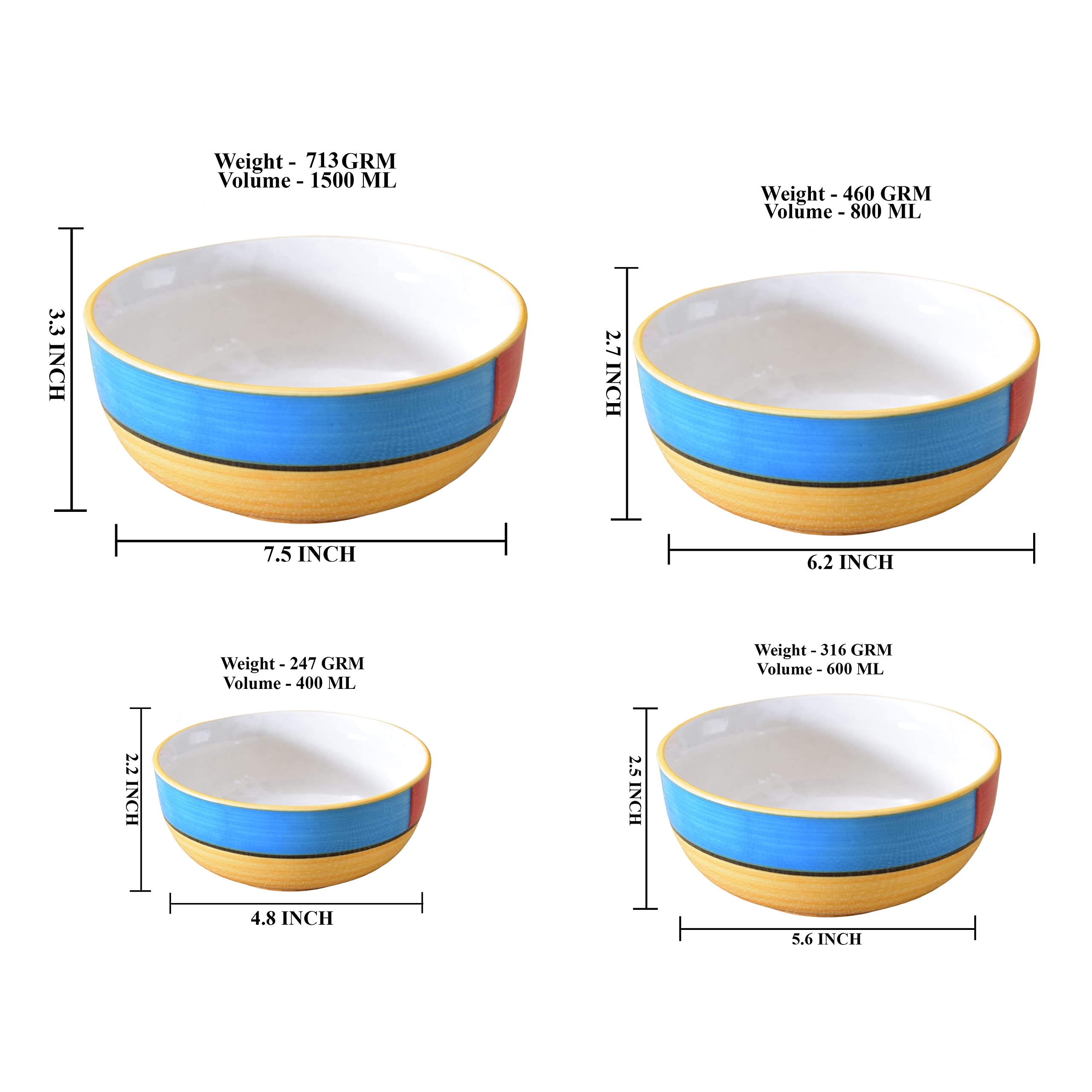 Kunhar Ceramic Mixing Bowl Set – 4 Pieces (1500ml, 800ml, 600ml, 400ml), Yellow – Durable, Microwave & Dishwasher Safe – Ideal for Mixing, Serving & Storage