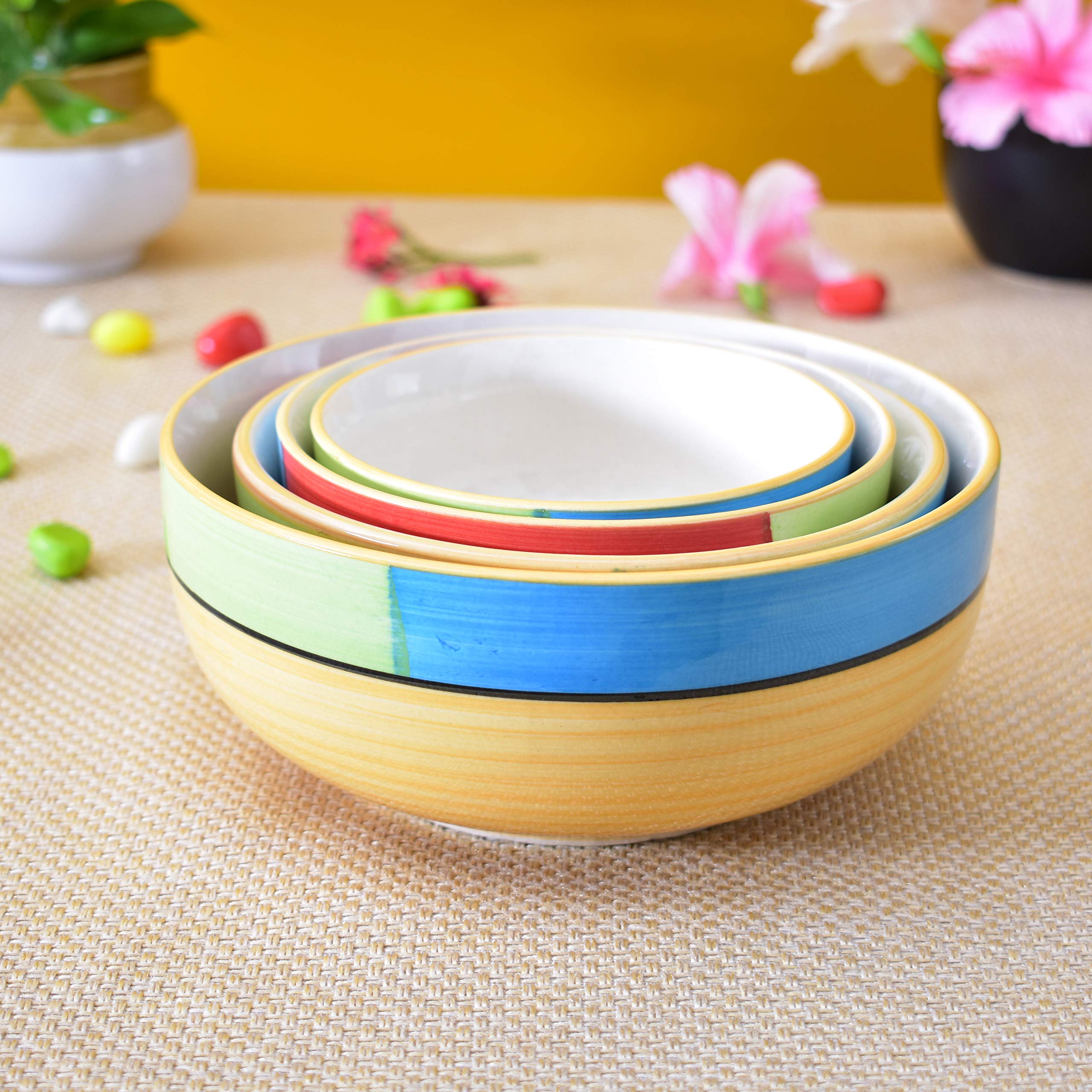 Kunhar Ceramic Mixing Bowl Set – 4 Pieces (1500ml, 800ml, 600ml, 400ml), Yellow – Durable, Microwave & Dishwasher Safe – Ideal for Mixing, Serving & Storage