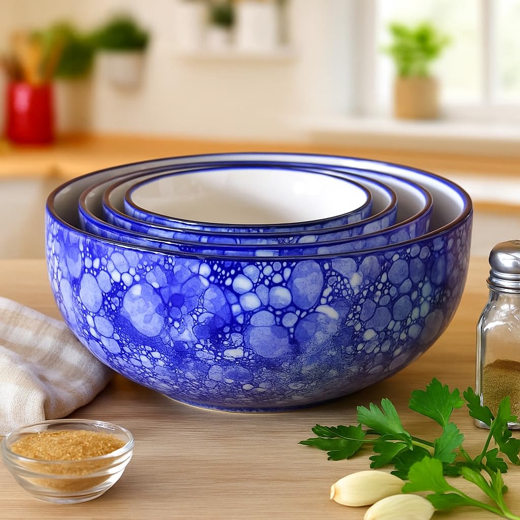 Kunhar Ceramic Mixing Bowl Set – 4 Pieces (1000ml, 750ml, 500ml, 300ml), Blue Luster – Durable, Microwave &amp; Dishwasher Safe – Ideal for Mixing, Serving &amp; Storage