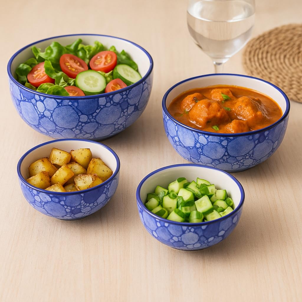Kunhar Ceramic Mixing Bowl Set – 4 Pieces (1000ml, 750ml, 500ml, 300ml), Blue Luster – Durable, Microwave &amp; Dishwasher Safe – Ideal for Mixing, Serving &amp; Storage