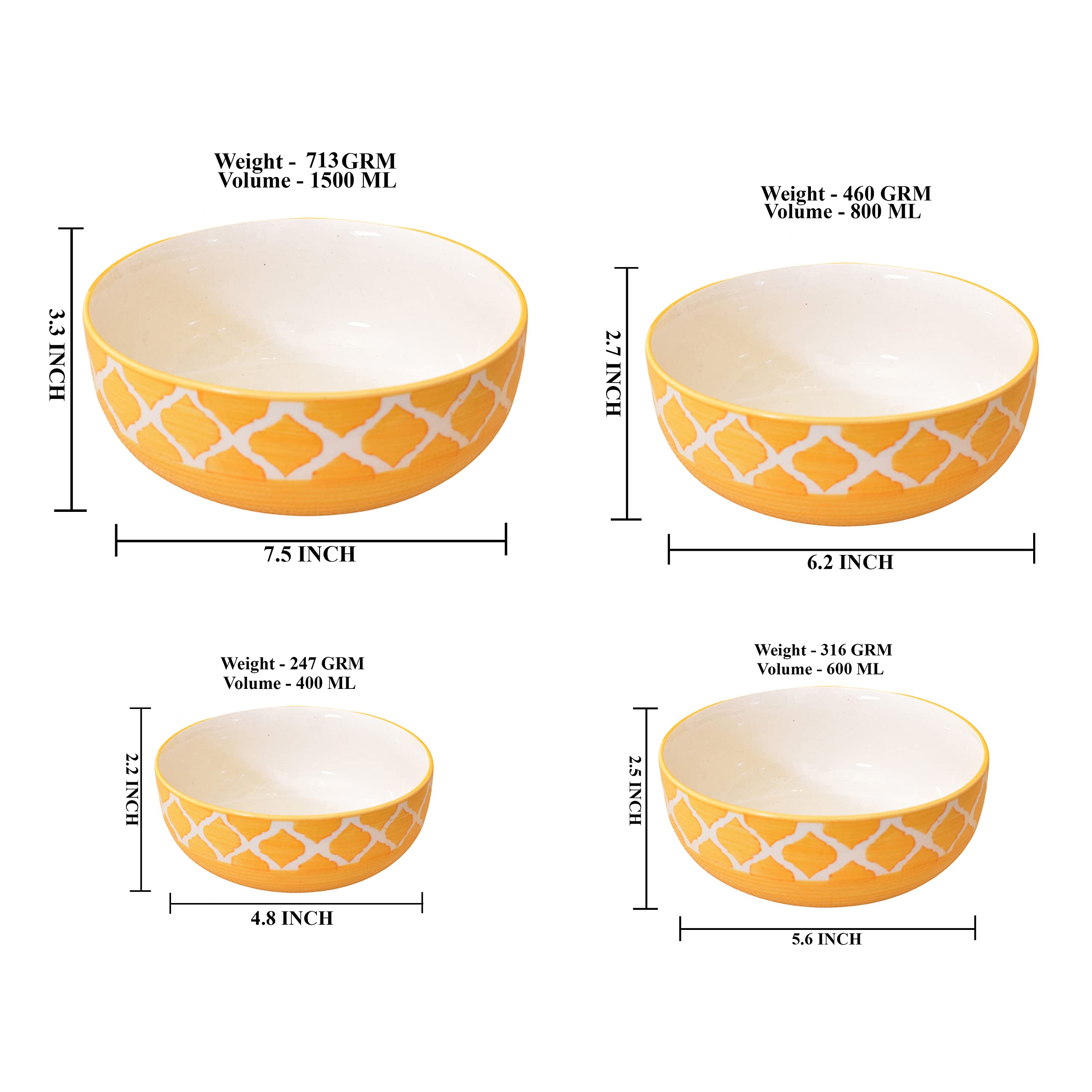 Kunhar Ceramic Mixing Bowl Set – 4 Pieces (1500ml, 800ml, 600ml, 400ml), Yellow – Durable, Microwave & Dishwasher Safe – Ideal for Mixing, Serving & Storage
