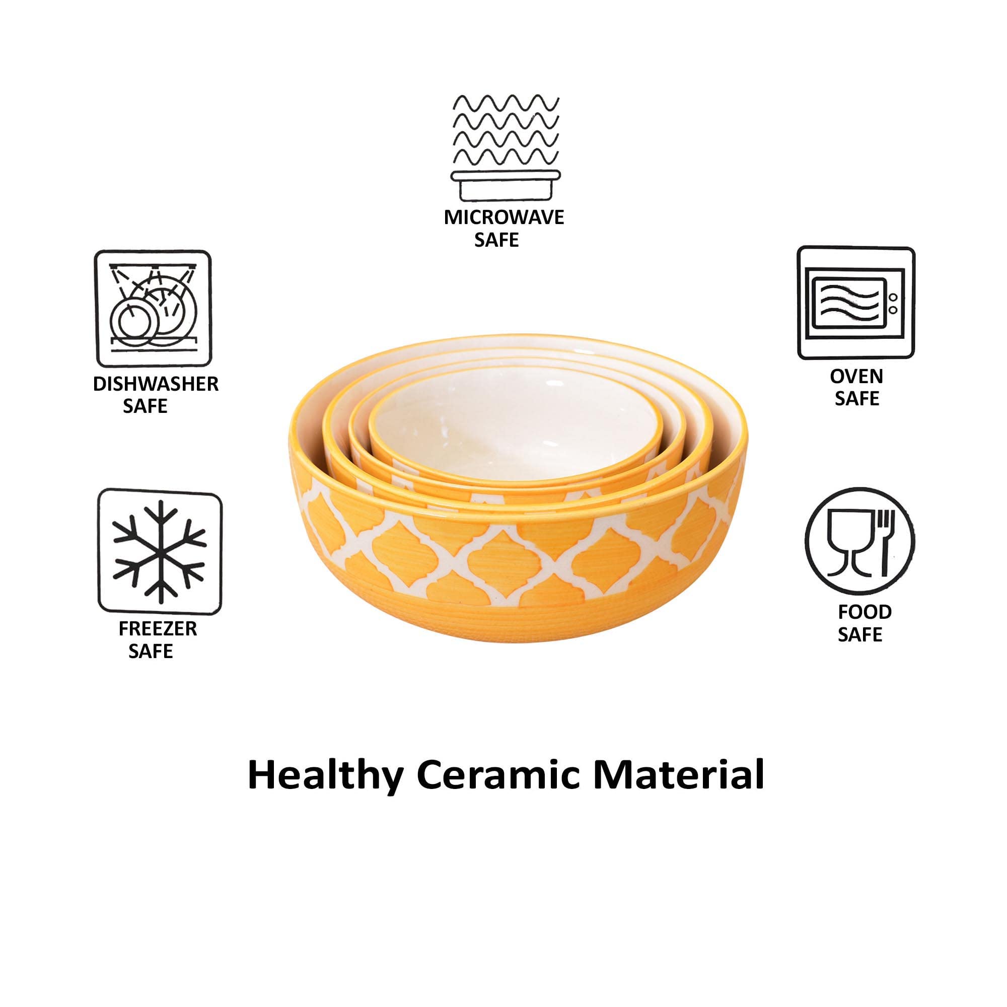 Kunhar Ceramic Mixing Bowl Set – 4 Pieces (1500ml, 800ml, 600ml, 400ml), Yellow – Durable, Microwave & Dishwasher Safe – Ideal for Mixing, Serving & Storage