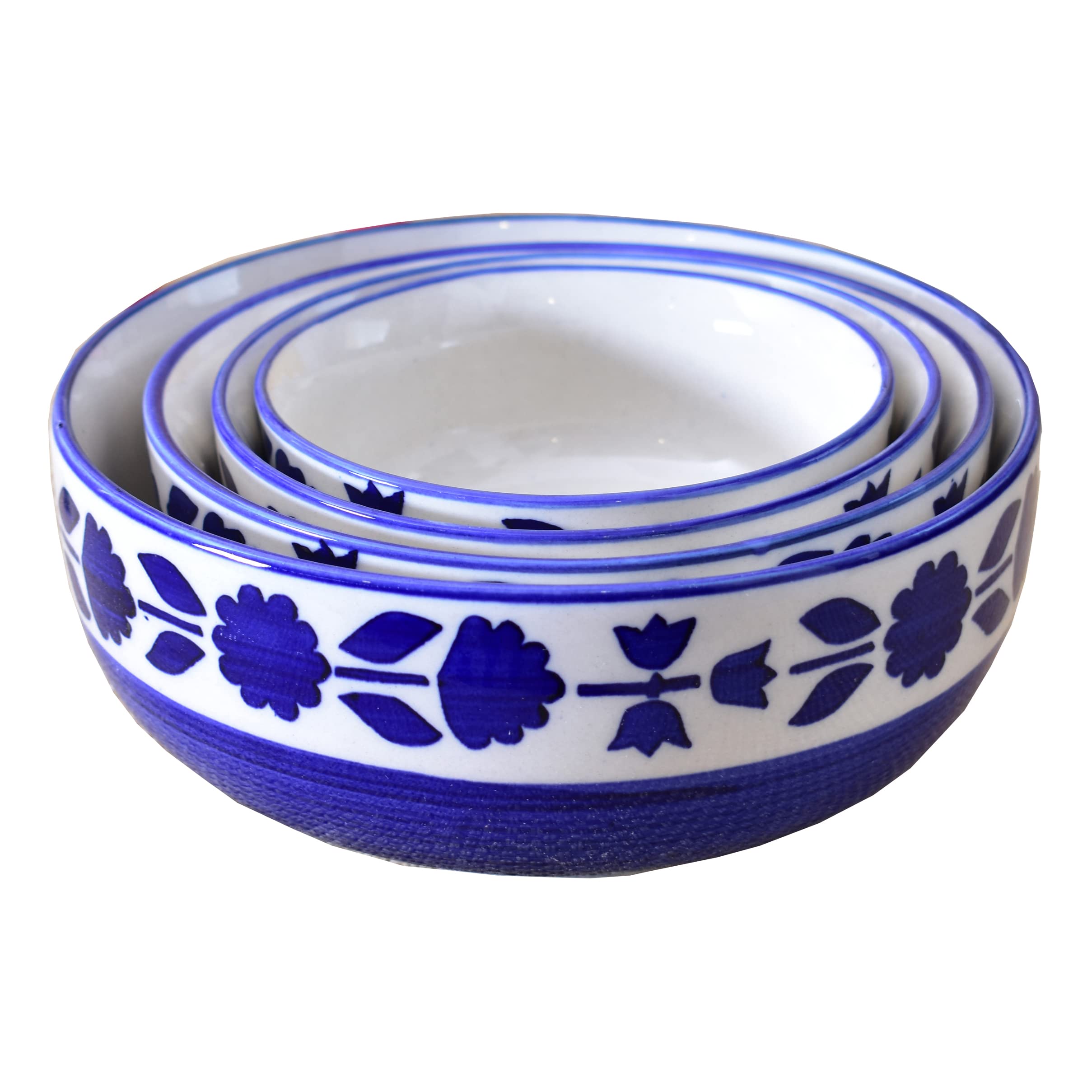 Kunhar Ceramic Mixing Bowl Set 4 Pieces 1500ml 800ml 600ml 400ml Blue Flower Durable Microwave Safe Dishwasher Safe Mixing Serving Storage