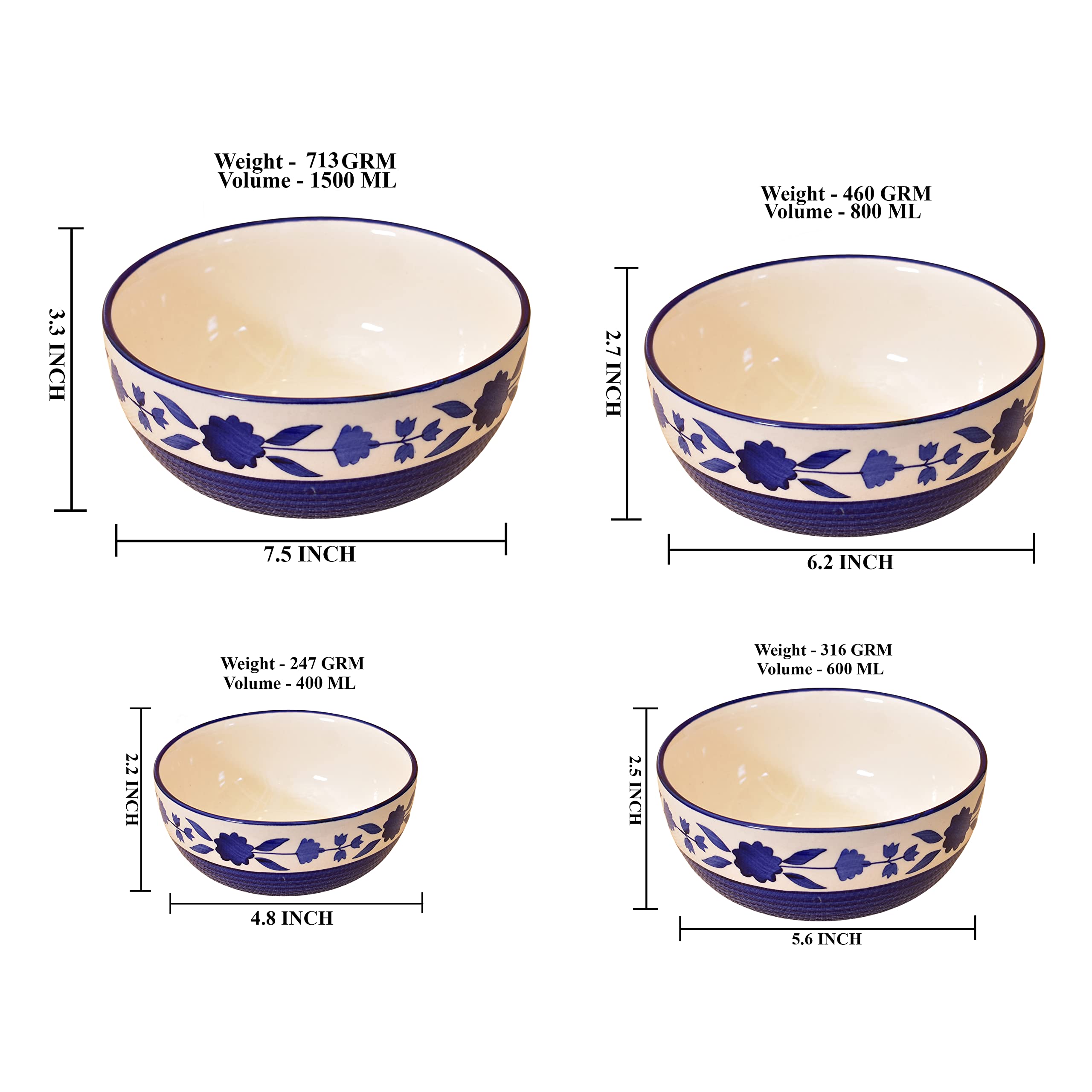 Kunhar Ceramic Mixing Bowl Set 4 Pieces 1500ml 800ml 600ml 400ml Blue Flower Durable Microwave Safe Dishwasher Safe Mixing Serving Storage