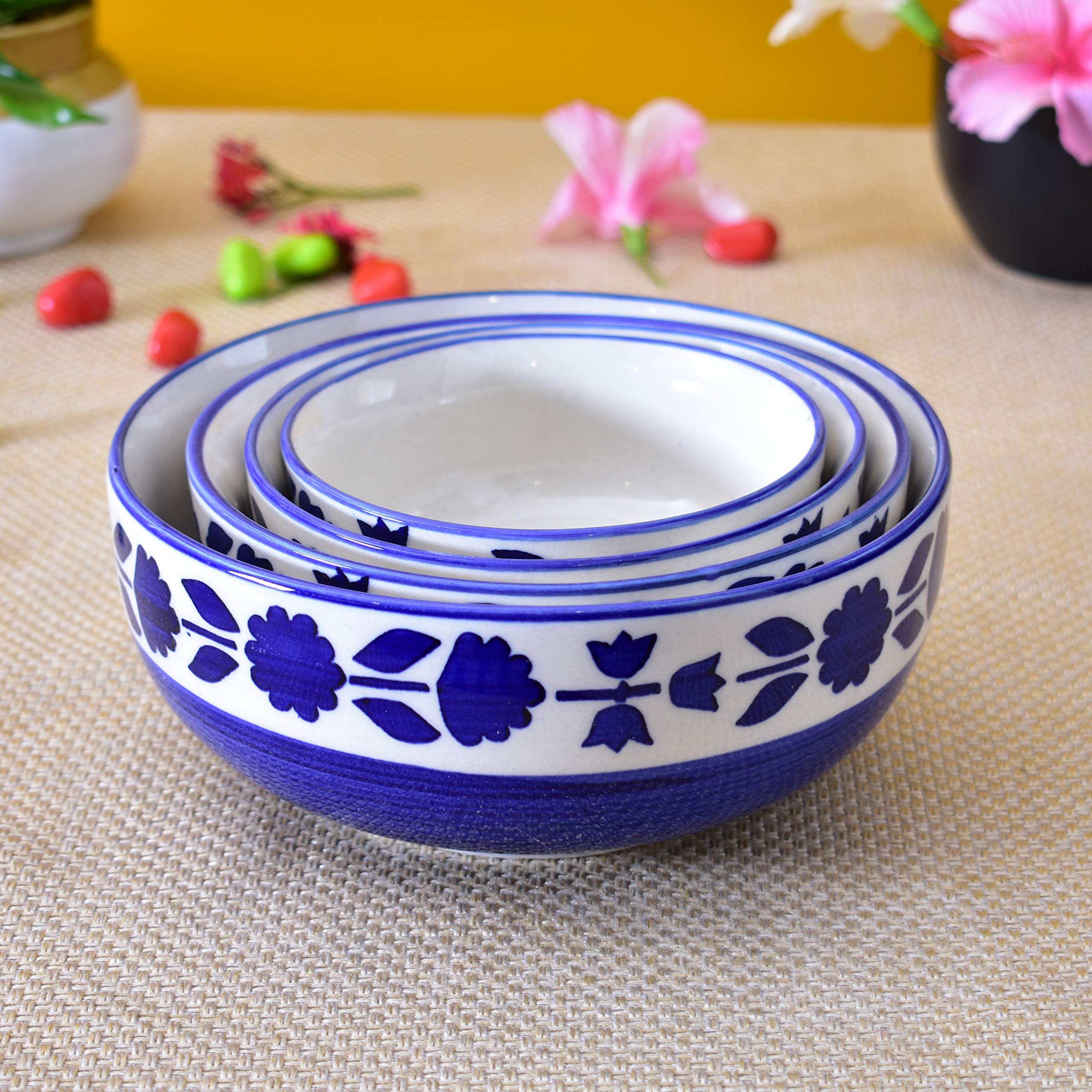 Kunhar Ceramic Mixing Bowl Set 4 Pieces 1500ml 800ml 600ml 400ml Blue Flower Durable Microwave Safe Dishwasher Safe Mixing Serving Storage
