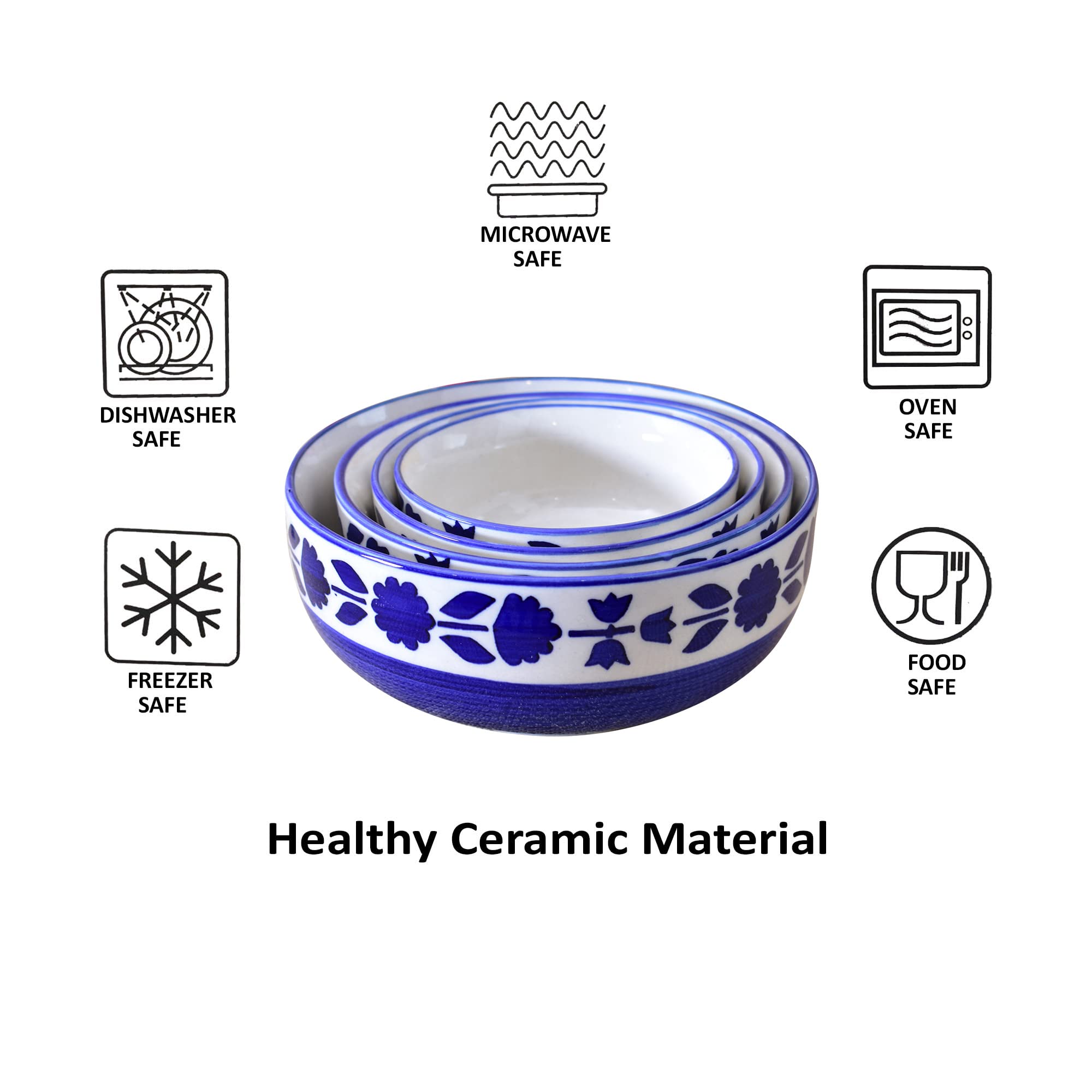 Kunhar Ceramic Mixing Bowl Set 4 Pieces 1500ml 800ml 600ml 400ml Blue Flower Durable Microwave Safe Dishwasher Safe Mixing Serving Storage