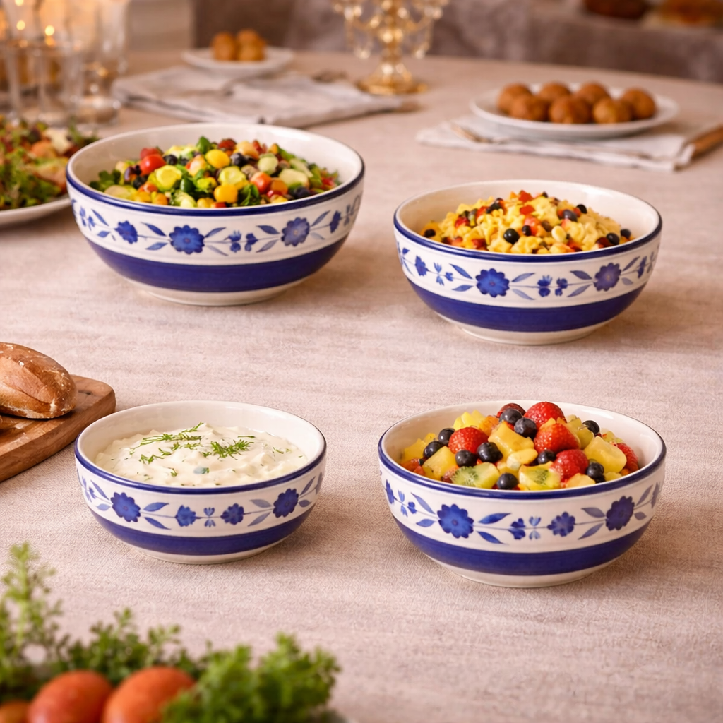 Kunhar Ceramic Mixing Bowl Set 4 Pieces 1500ml 800ml 600ml 400ml Blue Flower Durable Microwave Safe Dishwasher Safe Mixing Serving Storage