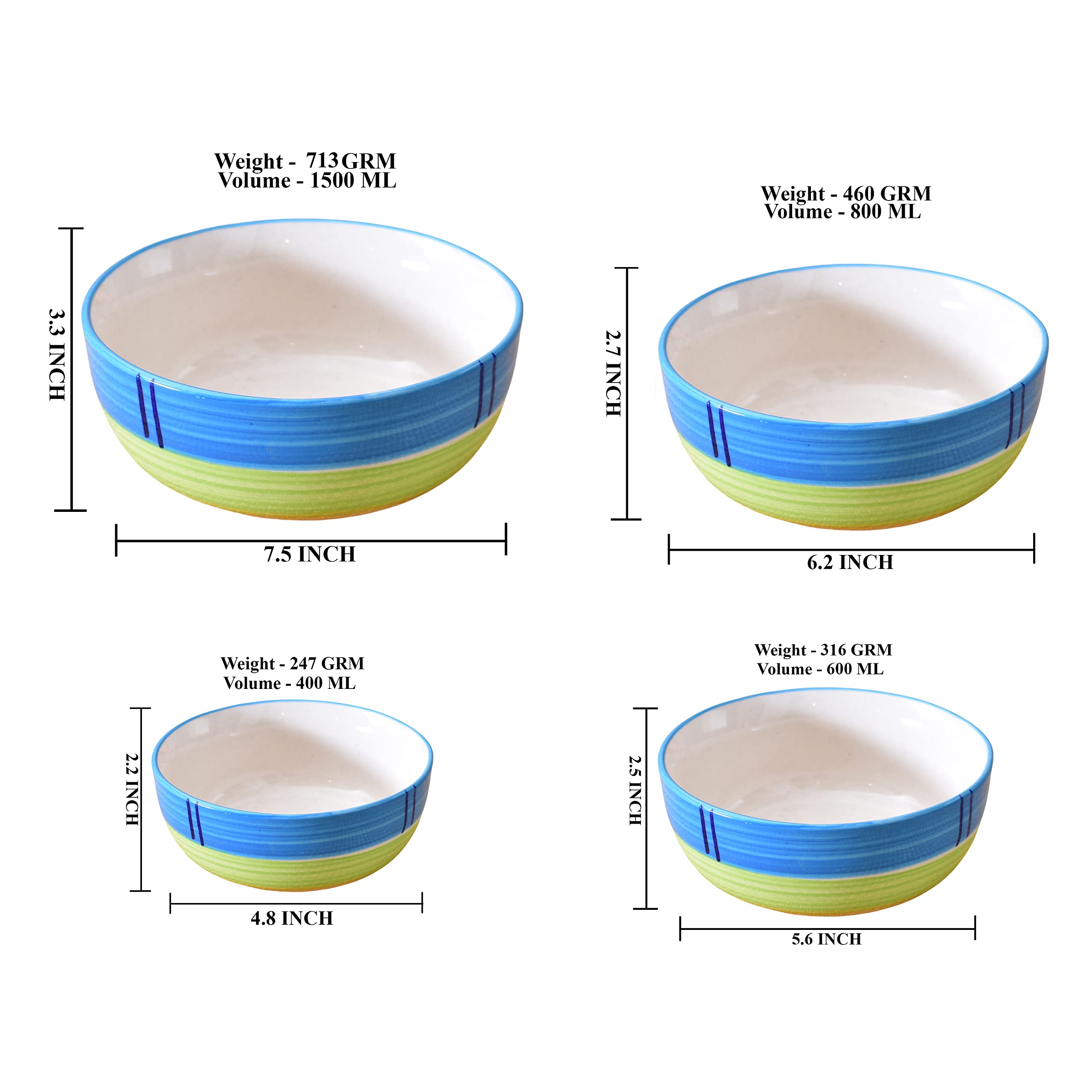 Kunhar Ceramic Mixing Bowl Set – 4 Pieces (1500ml, 800ml, 600ml, 400ml), Green – Durable, Microwave & Dishwasher Safe – Ideal for Mixing, Serving & Storage