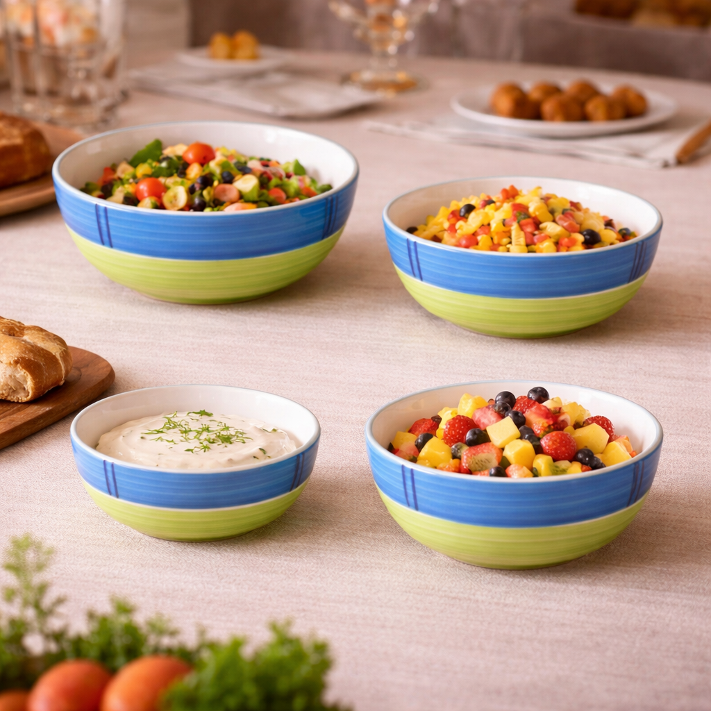 Kunhar Ceramic Mixing Bowl Set – 4 Pieces (1500ml, 800ml, 600ml, 400ml), Green – Durable, Microwave & Dishwasher Safe – Ideal for Mixing, Serving & Storage