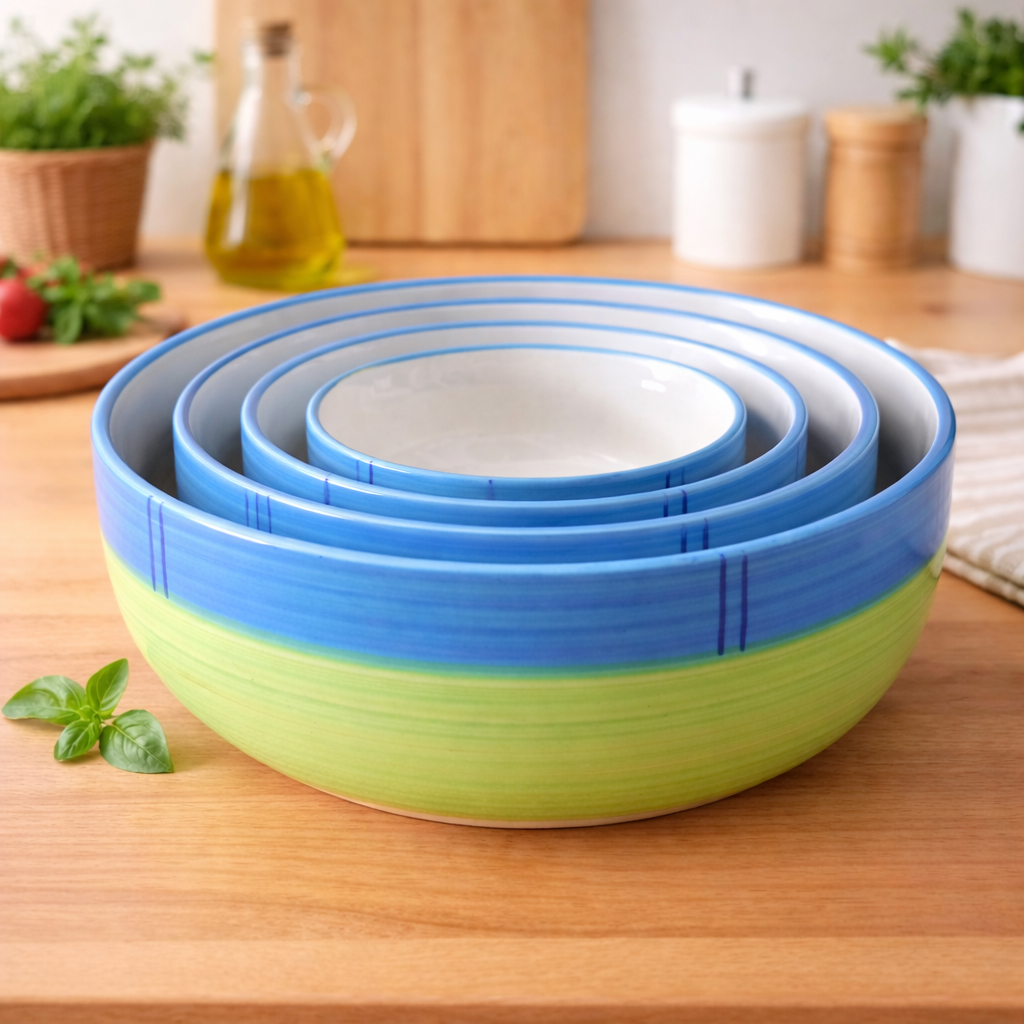 Kunhar Ceramic Mixing Bowl Set – 4 Pieces (1500ml, 800ml, 600ml, 400ml), Green – Durable, Microwave & Dishwasher Safe – Ideal for Mixing, Serving & Storage