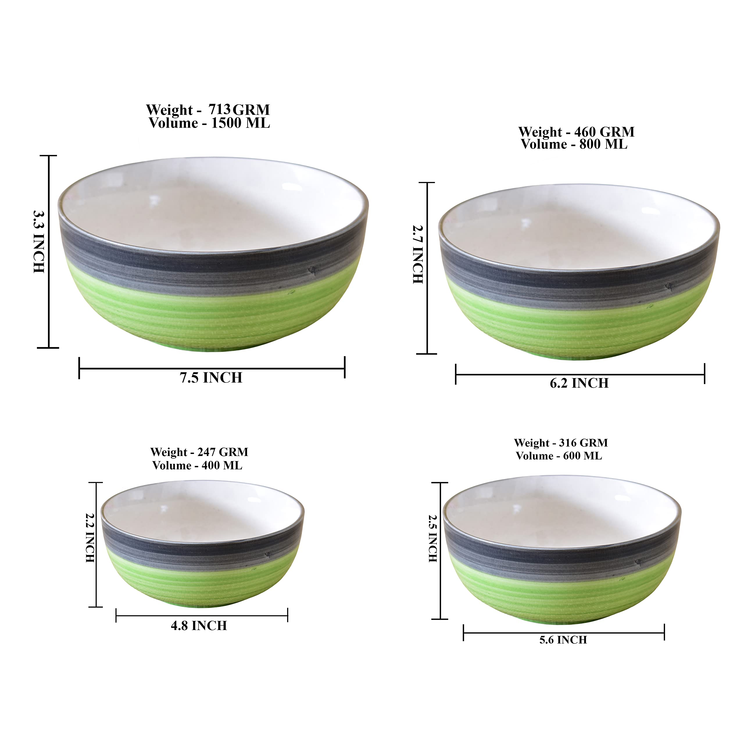 Kunhar Ceramic Mixing Bowl Set – 4 Pieces (1000ml, 750ml, 500ml, 300ml), Green Gray – Durable, Microwave & Dishwasher Safe – Ideal for Mixing, Serving & Storage