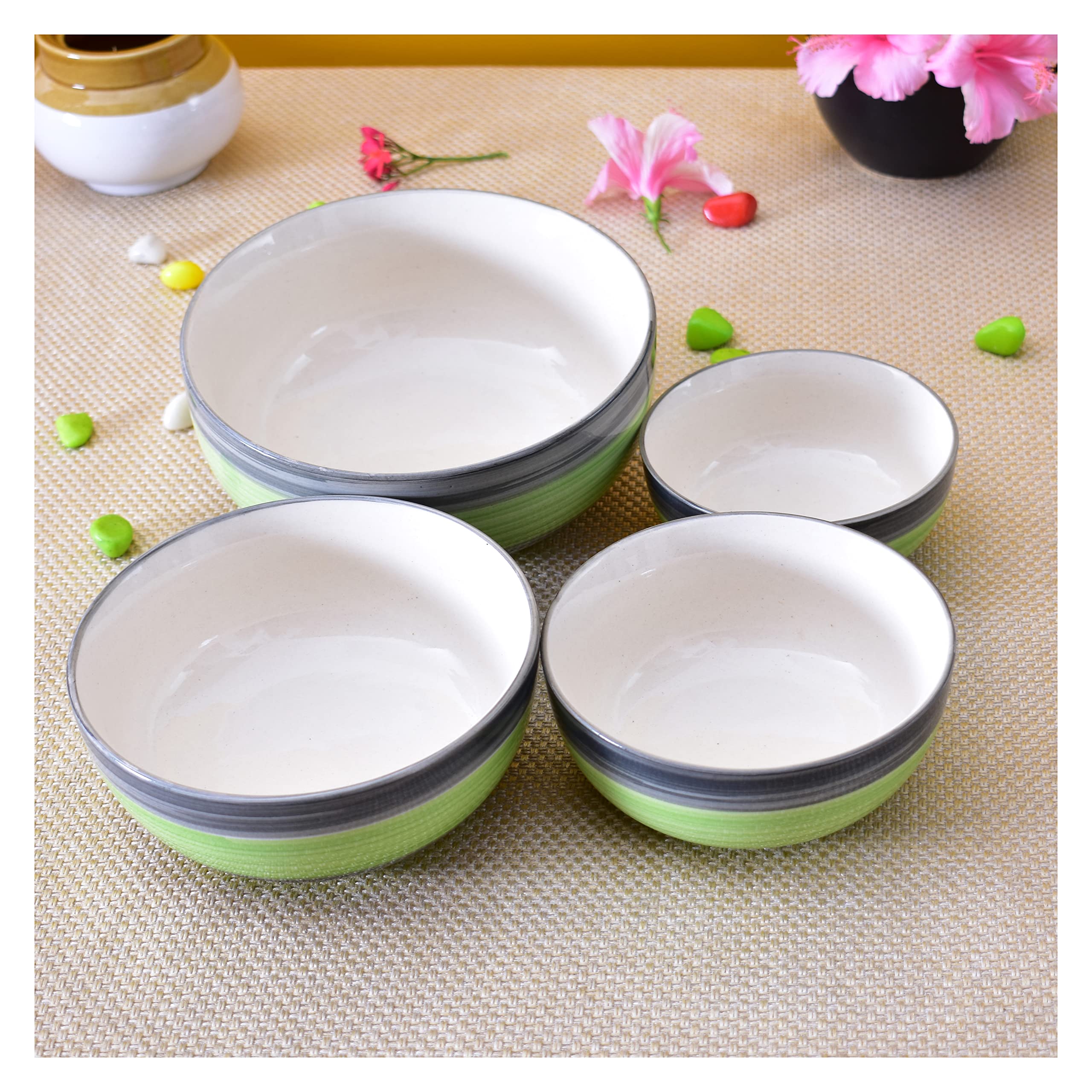 Kunhar Ceramic Mixing Bowl Set – 4 Pieces (1000ml, 750ml, 500ml, 300ml), Green Gray – Durable, Microwave & Dishwasher Safe – Ideal for Mixing, Serving & Storage