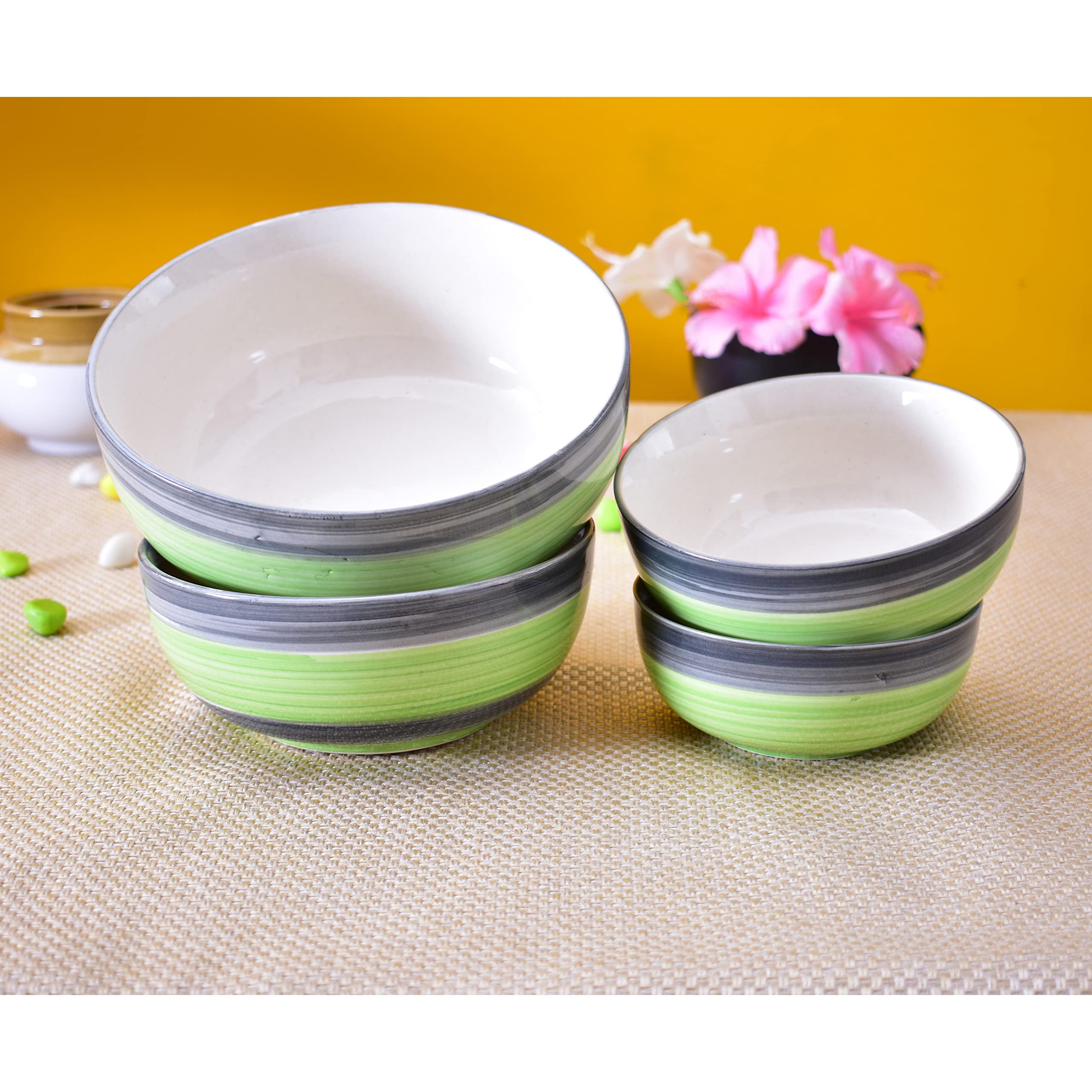 Kunhar Ceramic Mixing Bowl Set – 4 Pieces (1000ml, 750ml, 500ml, 300ml), Green Gray – Durable, Microwave & Dishwasher Safe – Ideal for Mixing, Serving & Storage