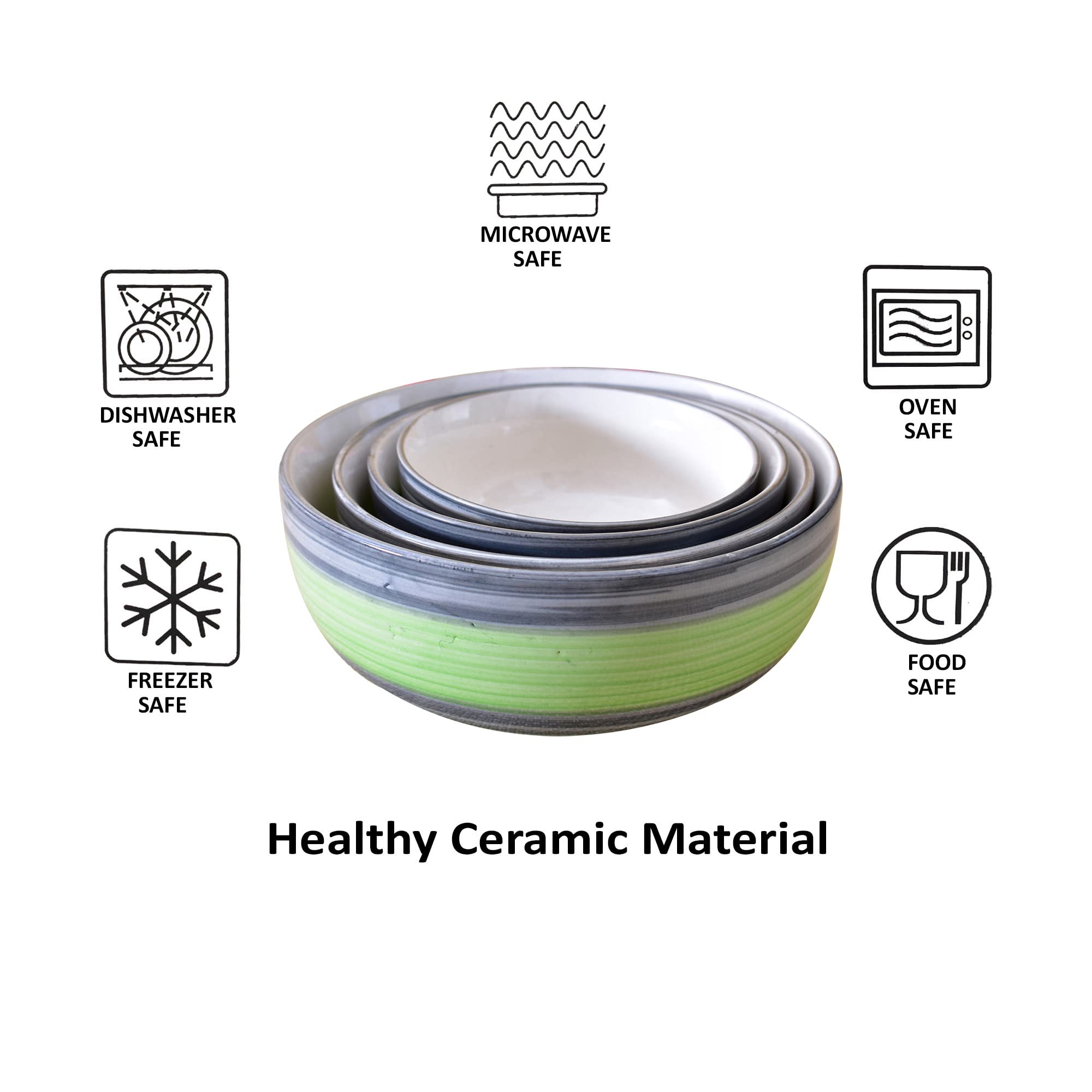 Kunhar Ceramic Mixing Bowl Set – 4 Pieces (1000ml, 750ml, 500ml, 300ml), Green Gray – Durable, Microwave & Dishwasher Safe – Ideal for Mixing, Serving & Storage