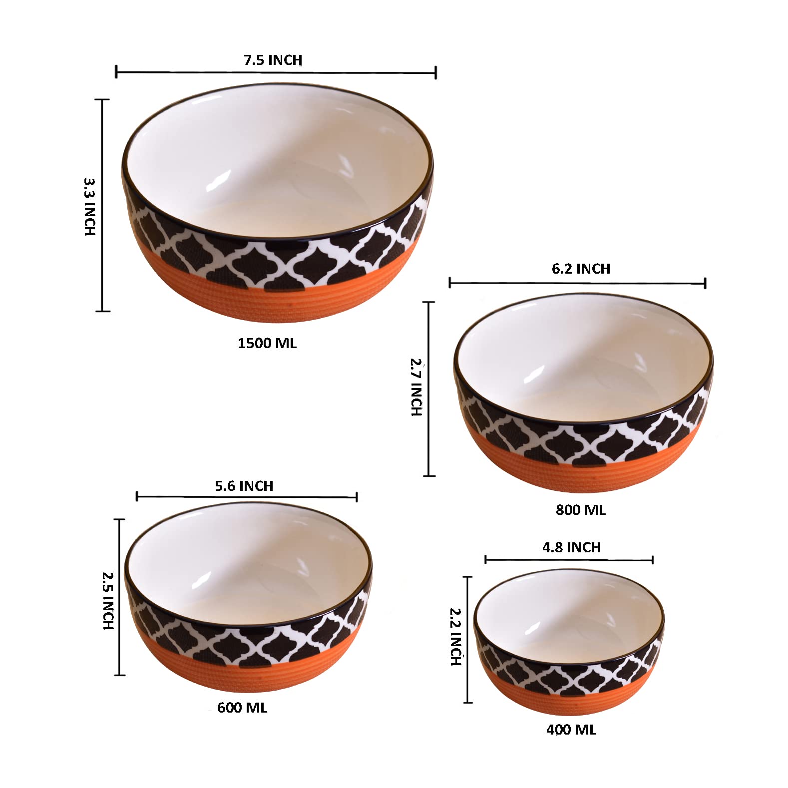 Kunhar Ceramic Mixing Bowl Set – 4 Pieces (1500ml, 800ml, 600ml, 400ml), Red Chidi – Durable, Microwave & Dishwasher Safe – Ideal for Mixing, Serving & Storage