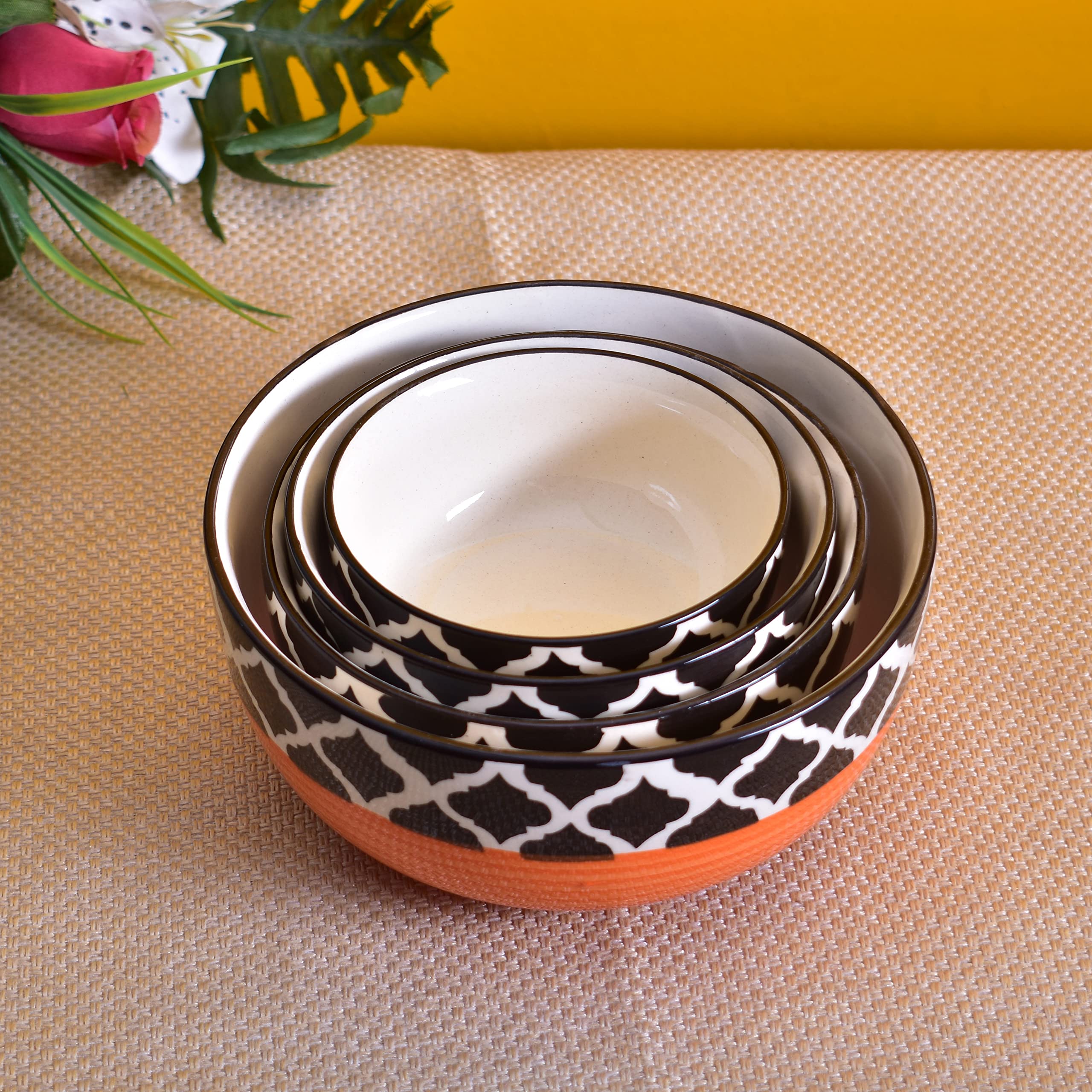 Kunhar Ceramic Mixing Bowl Set – 4 Pieces (1500ml, 800ml, 600ml, 400ml), Red Chidi – Durable, Microwave & Dishwasher Safe – Ideal for Mixing, Serving & Storage