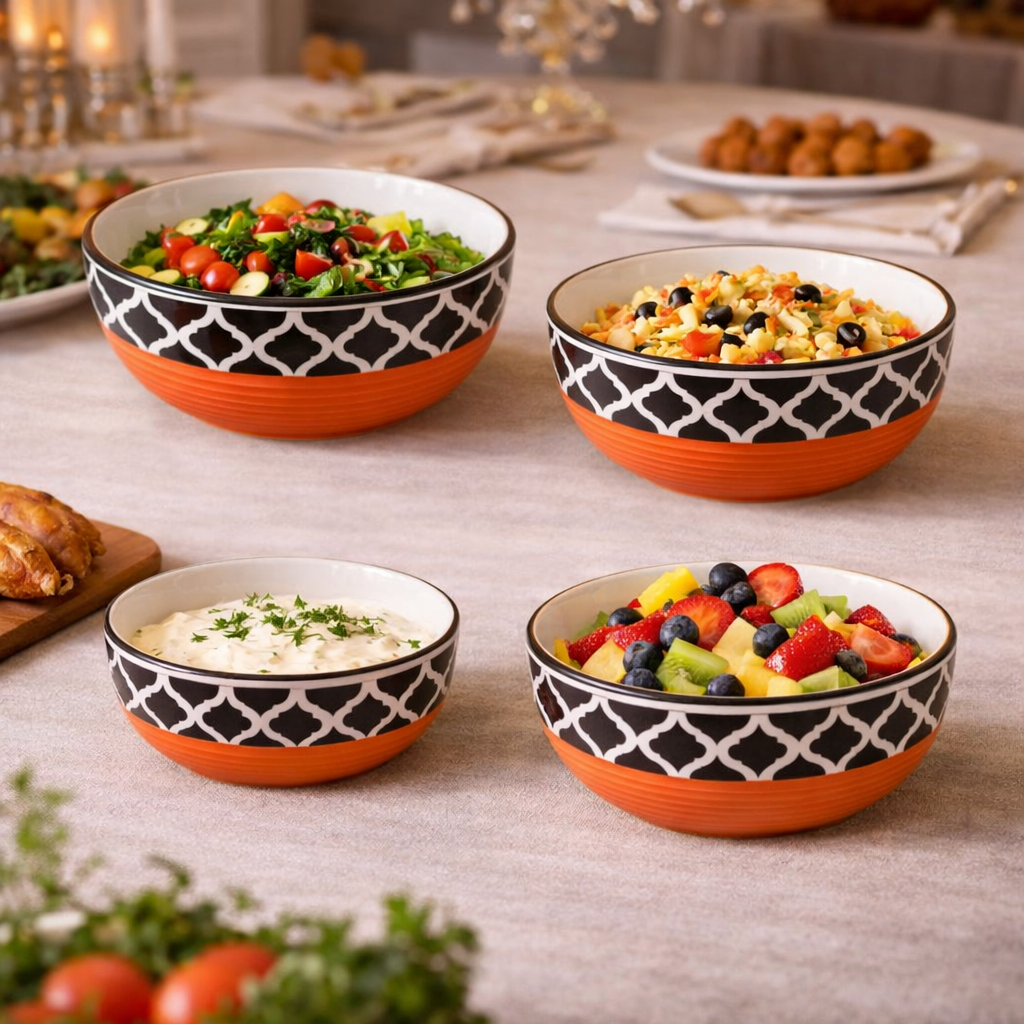 Kunhar Ceramic Mixing Bowl Set – 4 Pieces (1500ml, 800ml, 600ml, 400ml), Red Chidi – Durable, Microwave & Dishwasher Safe – Ideal for Mixing, Serving & Storage