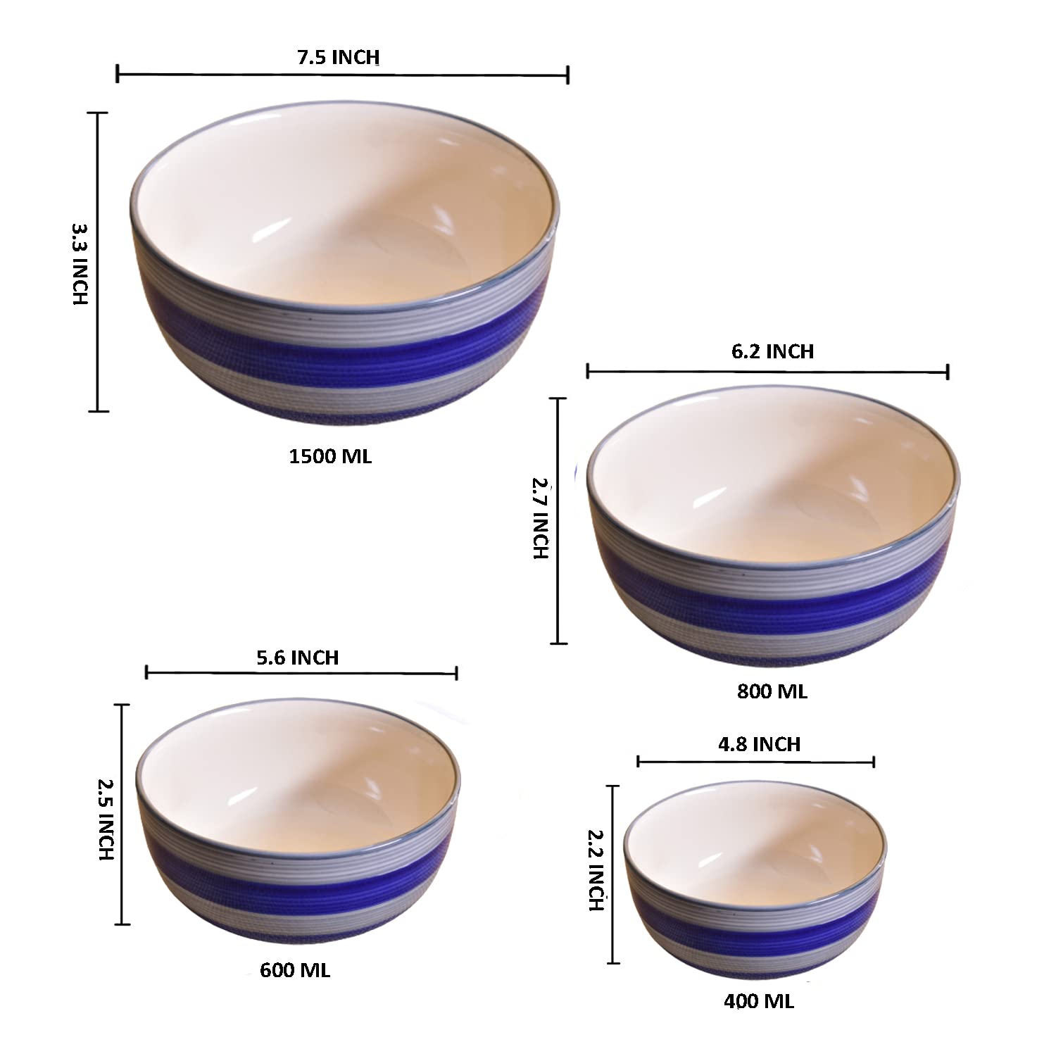 Kunhar Ceramic Mixing Bowl Set – 4 Pieces (1500ml, 800ml, 600ml, 400ml), Monsoon – Durable, Microwave & Dishwasher Safe – Ideal for Mixing, Serving & Storage