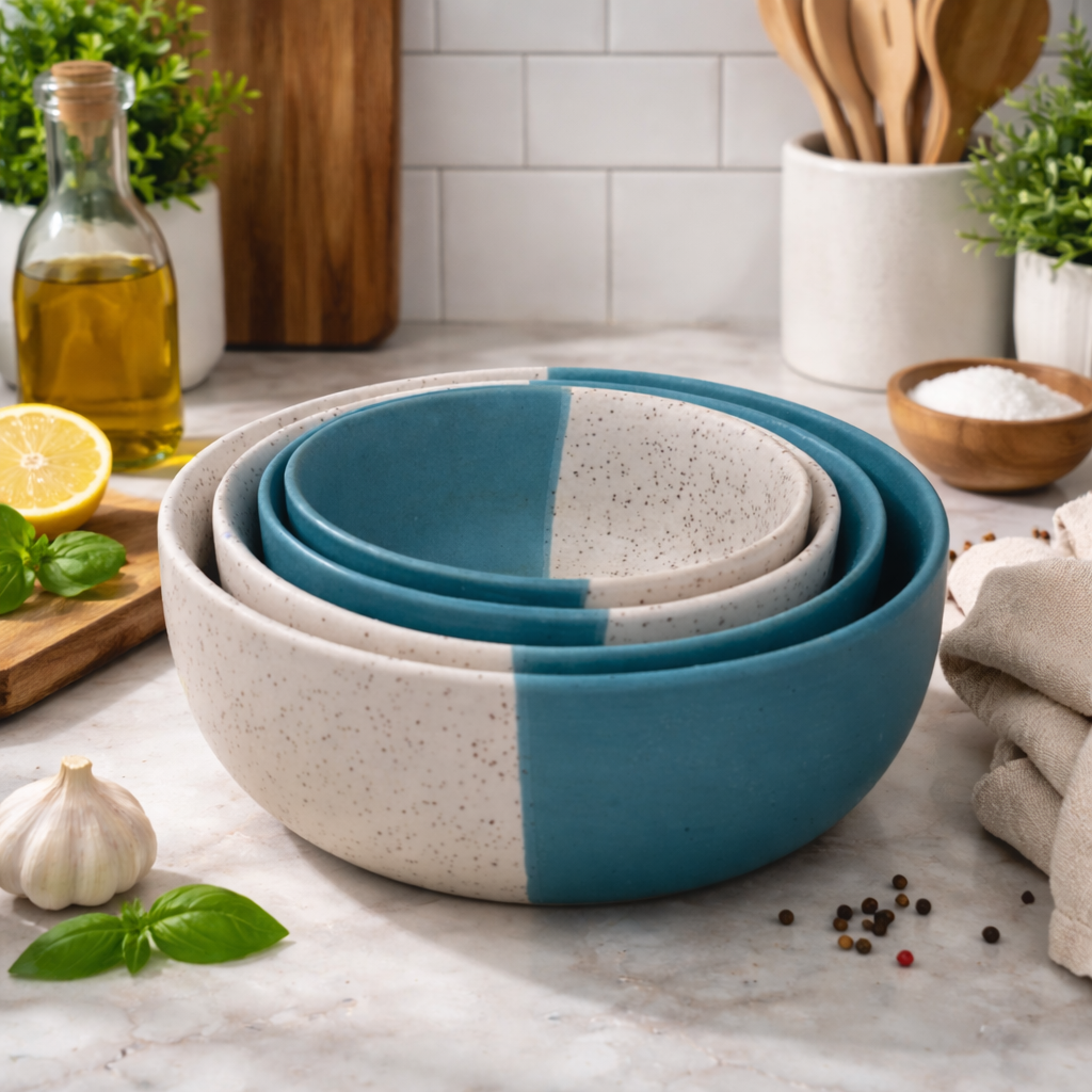 Kunhar Ceramic Mixing Bowl Set – 4 Pieces (1500ml, 800ml, 600ml, 400ml), White Dusty Blue – Durable, Microwave & Dishwasher Safe – Ideal for Mixing, Serving & Storage