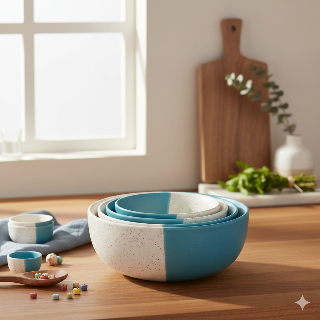 Kunhar Ceramic Mixing Bowl Set – 4 Pieces (1500ml, 800ml, 600ml, 400ml), White Dusty Blue – Durable, Microwave & Dishwasher Safe – Ideal for Mixing, Serving & Storage