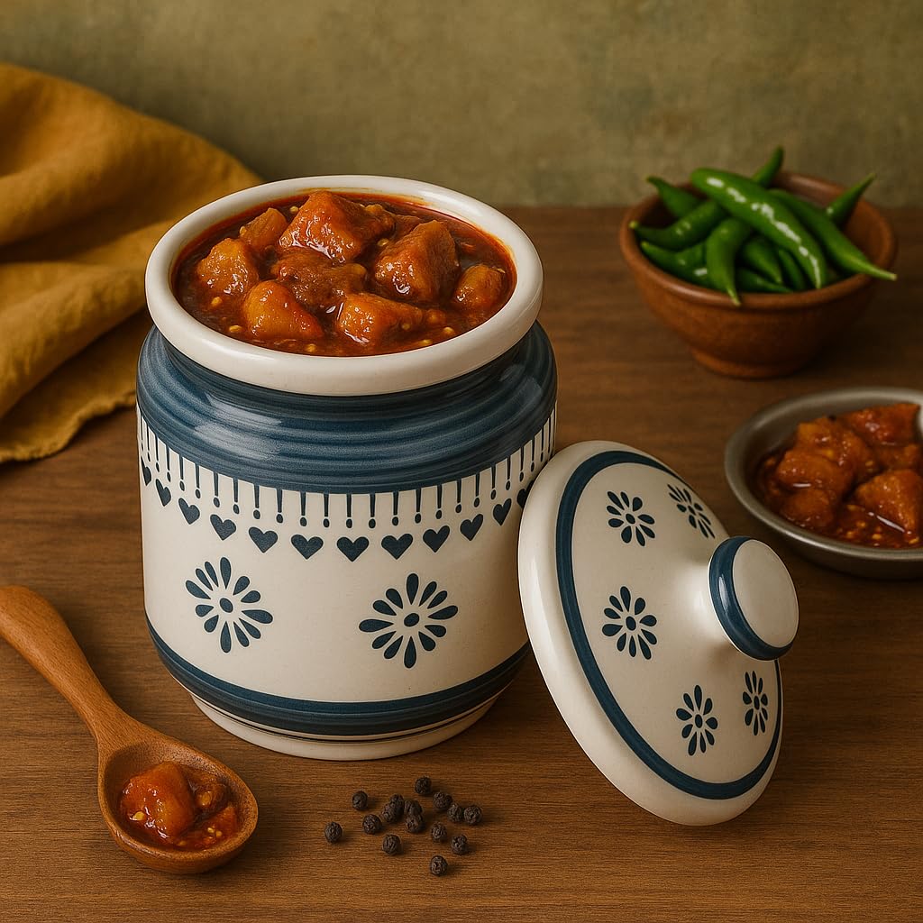 KunhaR Ceramic Jars (1000 ML) – Handcrafted Multipurpose Barni with Lid for Pickle, Chutney, Spices, Salt, Sugar – Kitchen Storage Containers, Blue