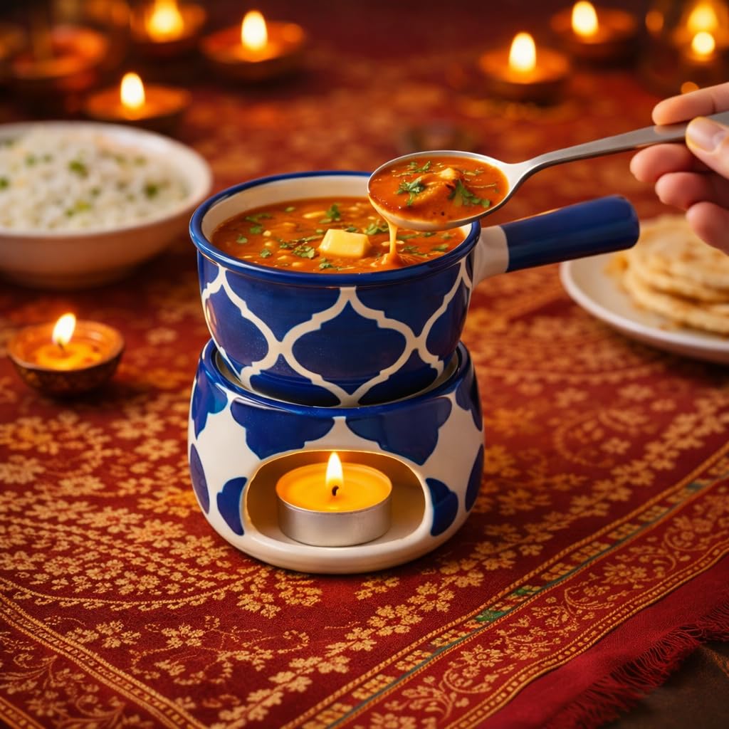 KunhaR Ceramic Fondue Set with 2 Tea Light Candle, 450 ML Capacity, (Blue)