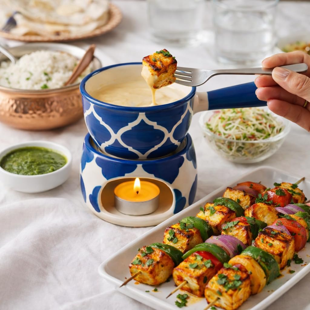 KunhaR Ceramic Fondue Set with 2 Tea Light Candle, 450 ML Capacity, (Blue)