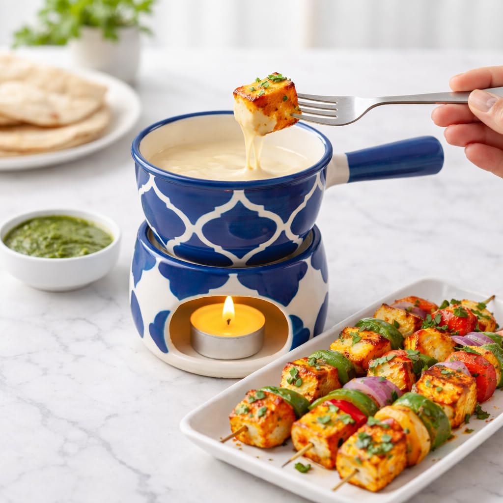 KunhaR Ceramic Fondue Set with 2 Tea Light Candle, 450 ML Capacity, (Blue)