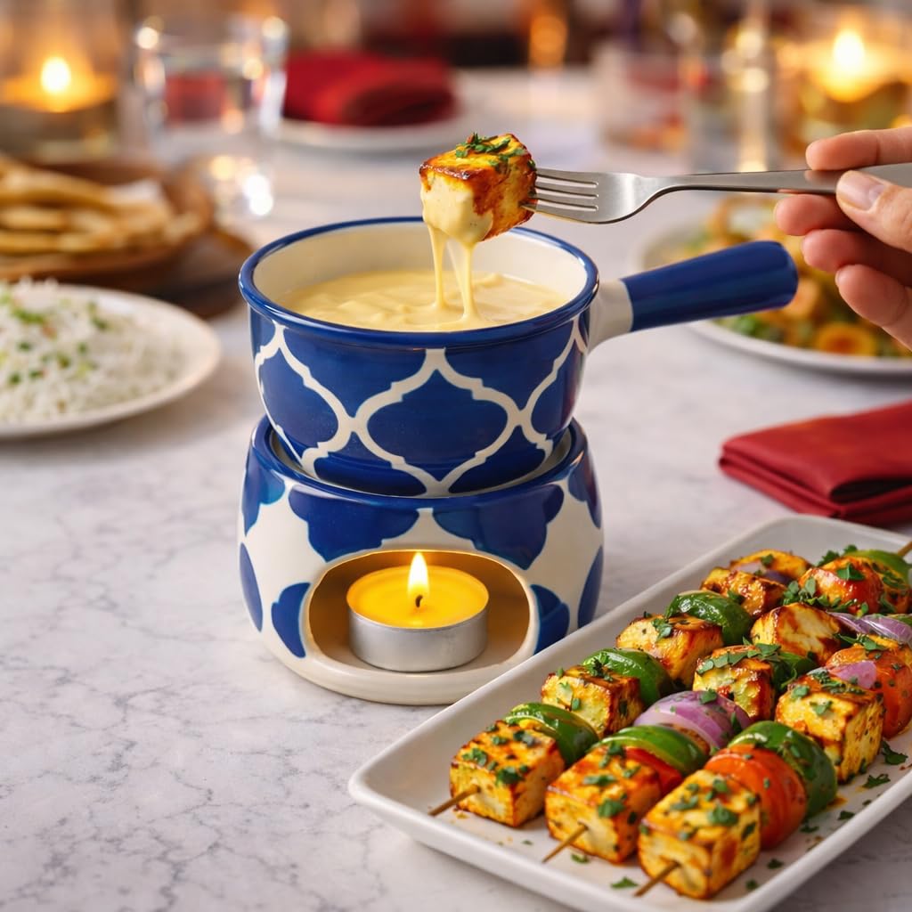 KunhaR Ceramic Fondue Set with 2 Tea Light Candle, 450 ML Capacity, (Blue)