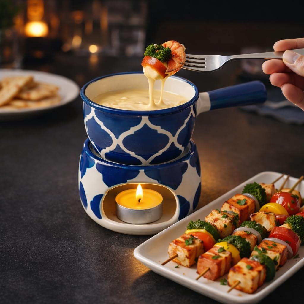 KunhaR Ceramic Fondue Set with 2 Tea Light Candle, 450 ML Capacity, (Blue)