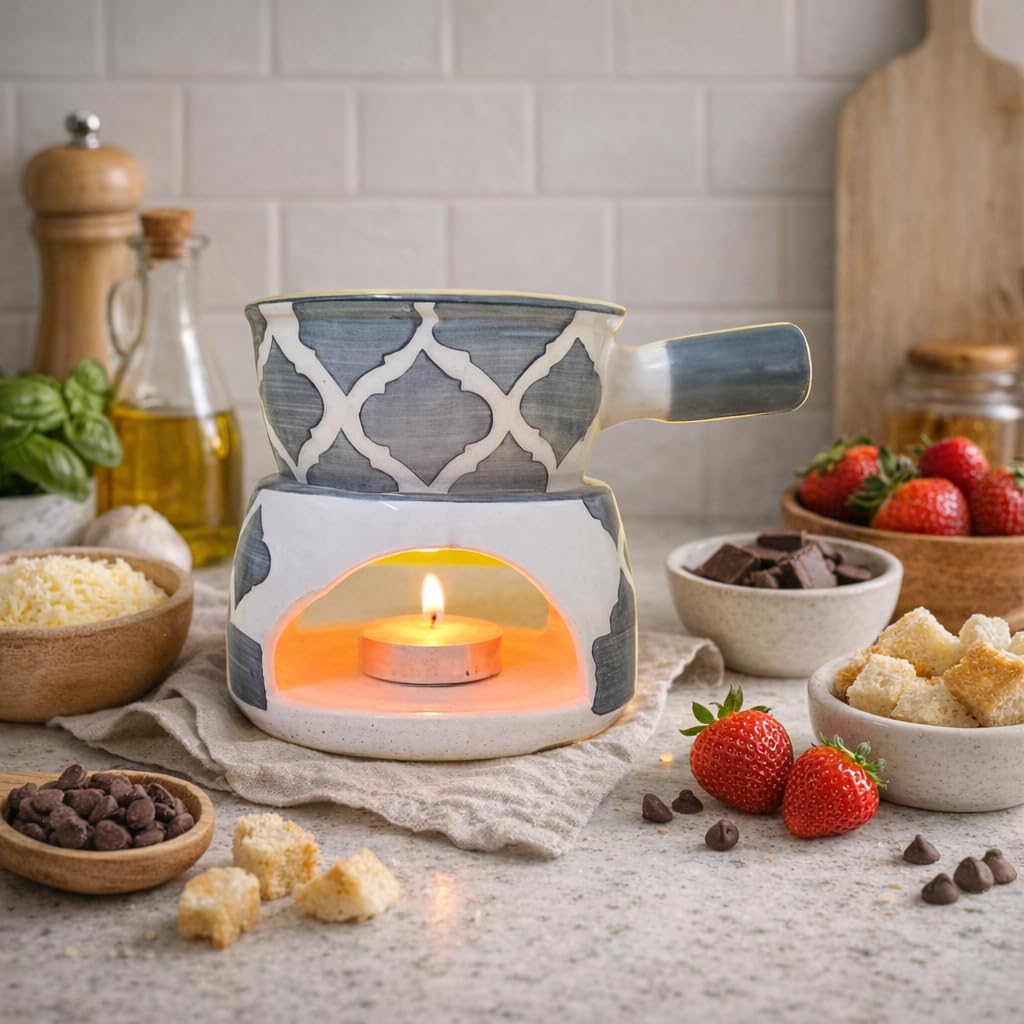 KunhaR Ceramic Fondue Set with 2 Tea Light Candle, 450 ML Capacity, (Grey)