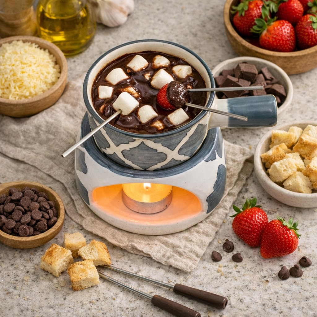 KunhaR Ceramic Fondue Set with 2 Tea Light Candle, 450 ML Capacity, (Grey)