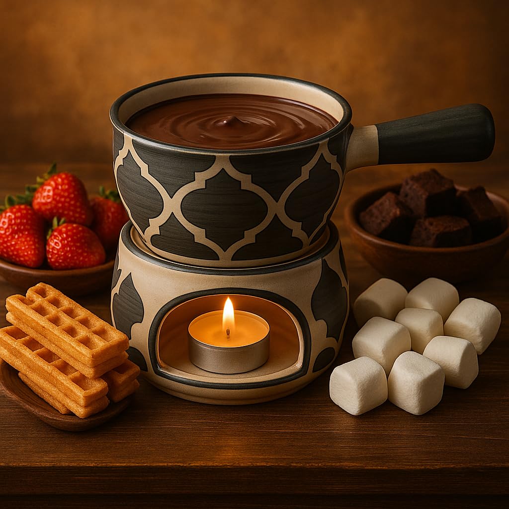 KunhaR Ceramic Fondue Set with 2 Tea Light Candle, 450 ML Capacity, (Grey)