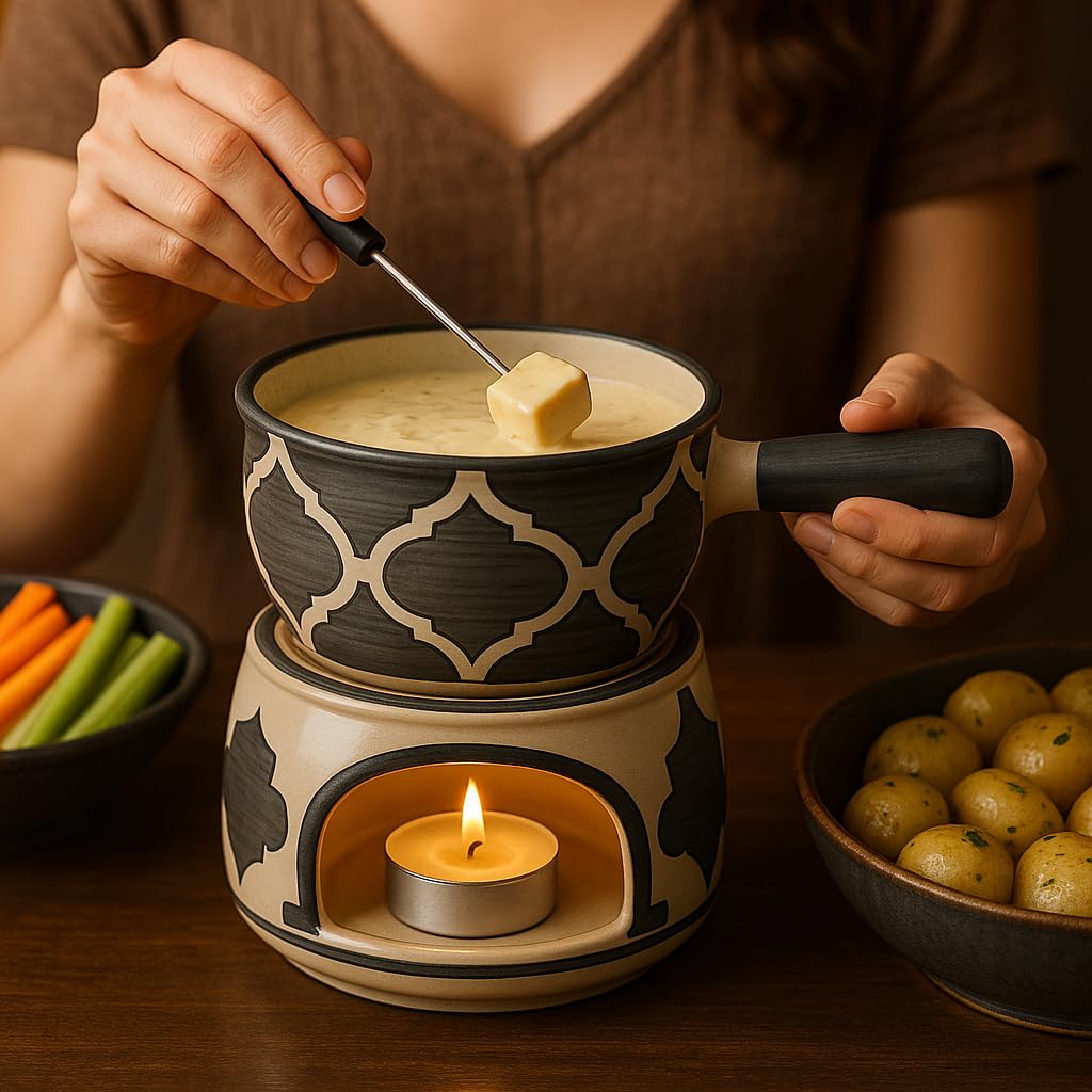 KunhaR Ceramic Fondue Set with 2 Tea Light Candle, 450 ML Capacity, (Grey)