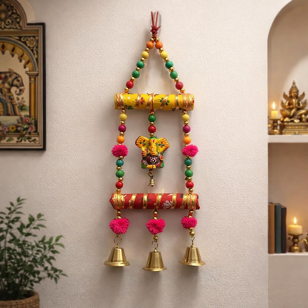 Kunhar Handcrafted Lord Ganesha Wall Hanging, Multicolour with Wooden Beads, Traditional Indian Design, Pack of 2