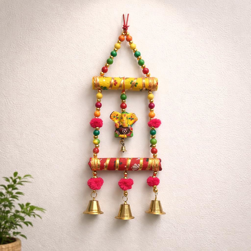 Kunhar Handcrafted Lord Ganesha Wall Hanging, Multicolour with Wooden Beads, Traditional Indian Design, Pack of 2