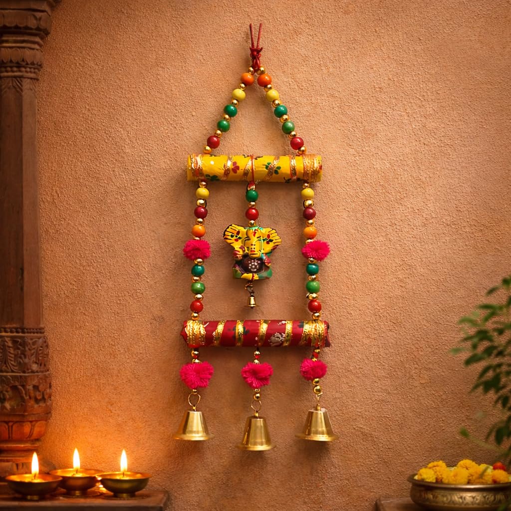 Kunhar Handcrafted Lord Ganesha Wall Hanging, Multicolour with Wooden Beads, Traditional Indian Design, Pack of 2