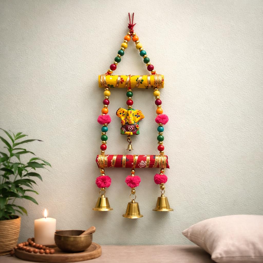 Kunhar Handcrafted Lord Ganesha Wall Hanging, Multicolour with Wooden Beads, Traditional Indian Design, Pack of 2