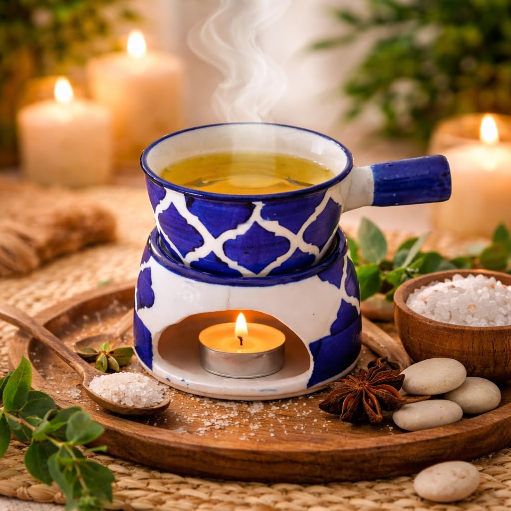 KunhaR Ceramic Aroma Diffuser and Oil Burner, Multi-Purpose Fondue for Essential Oils, Camphor and Wax Melts, Home Office Meditation Use (Blue)