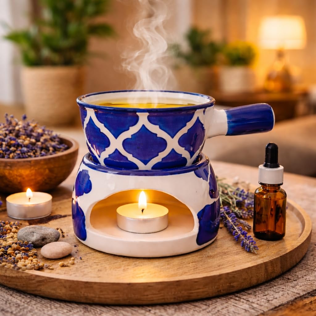 KunhaR Ceramic Aroma Diffuser and Oil Burner, Multi-Purpose Fondue for Essential Oils, Camphor and Wax Melts, Home Office Meditation Use (Blue)